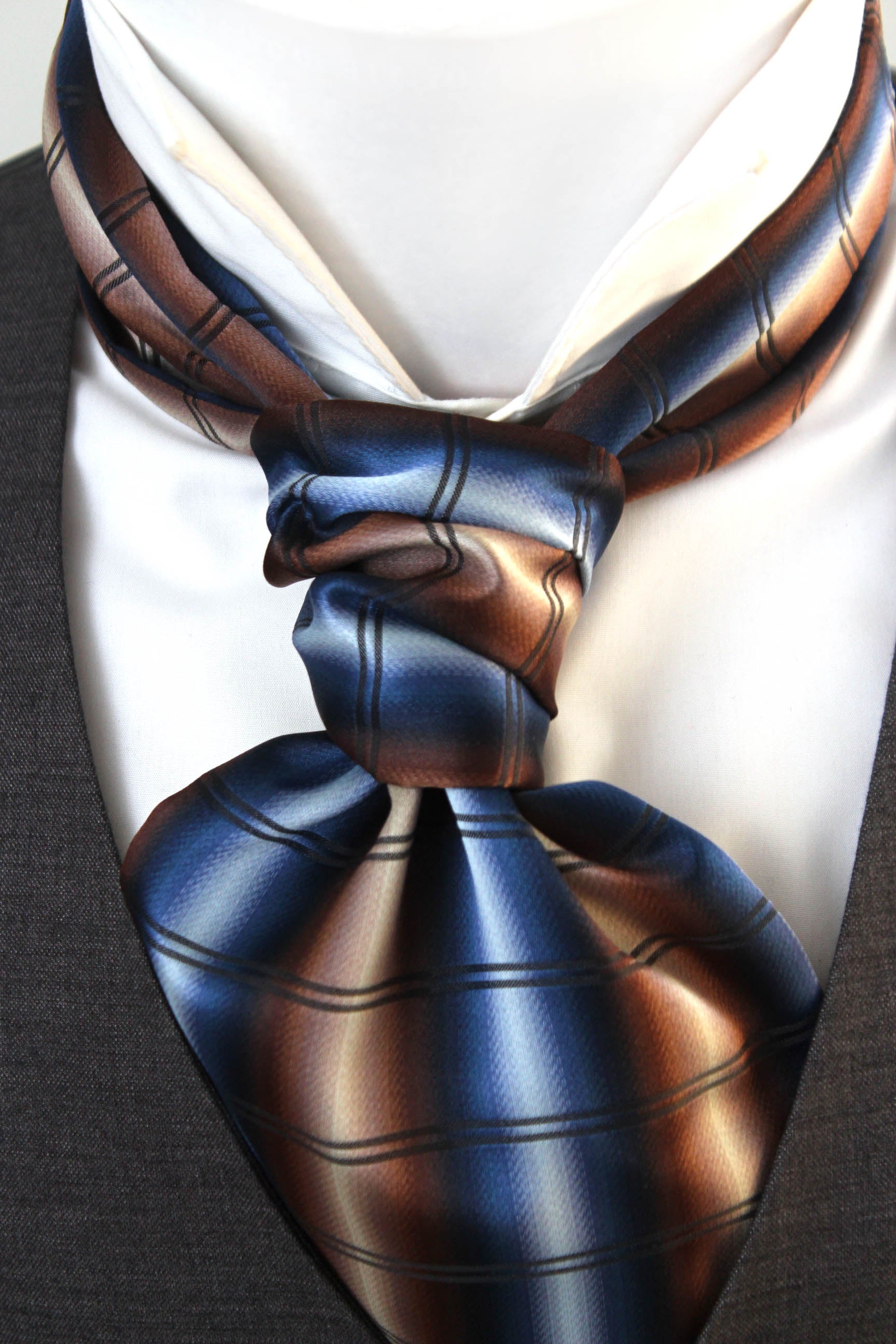 Blue Brown Plaid Silk Ascot