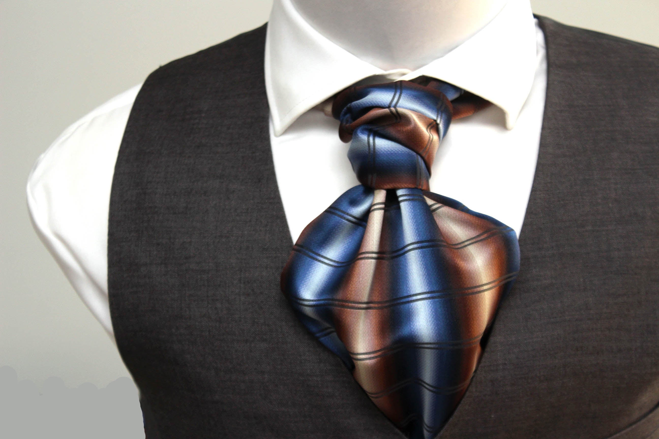 Blue Brown Plaid Silk Ascot