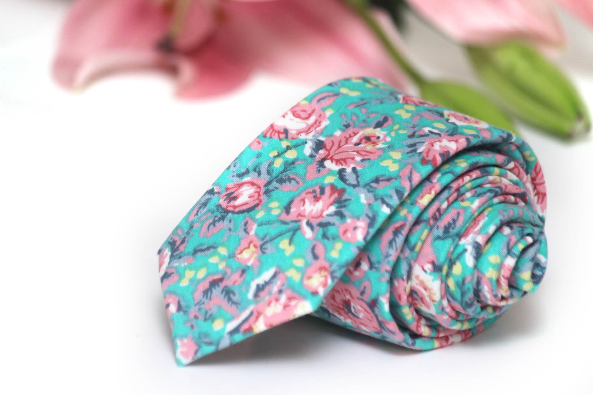 Green Pink Floral Necktie