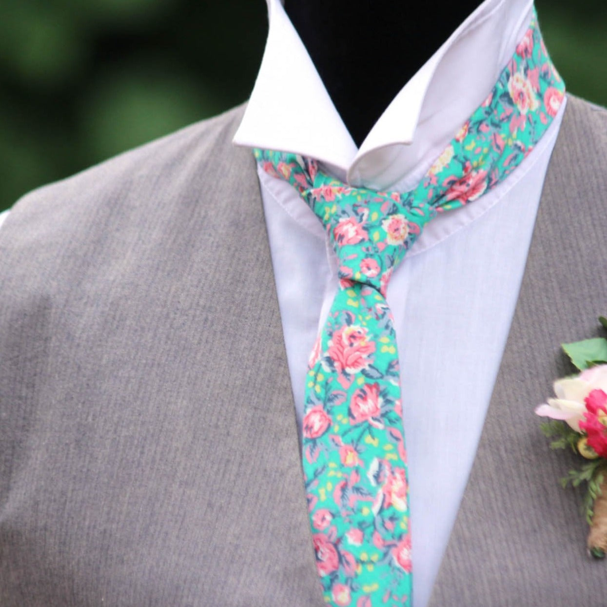 Green Pink Floral Necktie