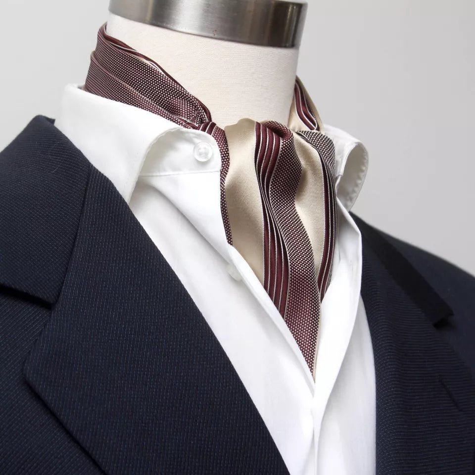 Men's Cravat Ascot Champagne Maroon Stripe