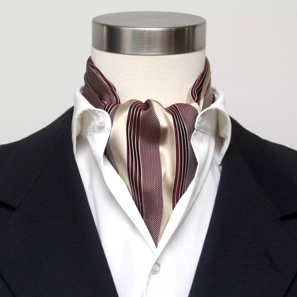 Mens Cravat Ascot Champagne Maroon Stripe