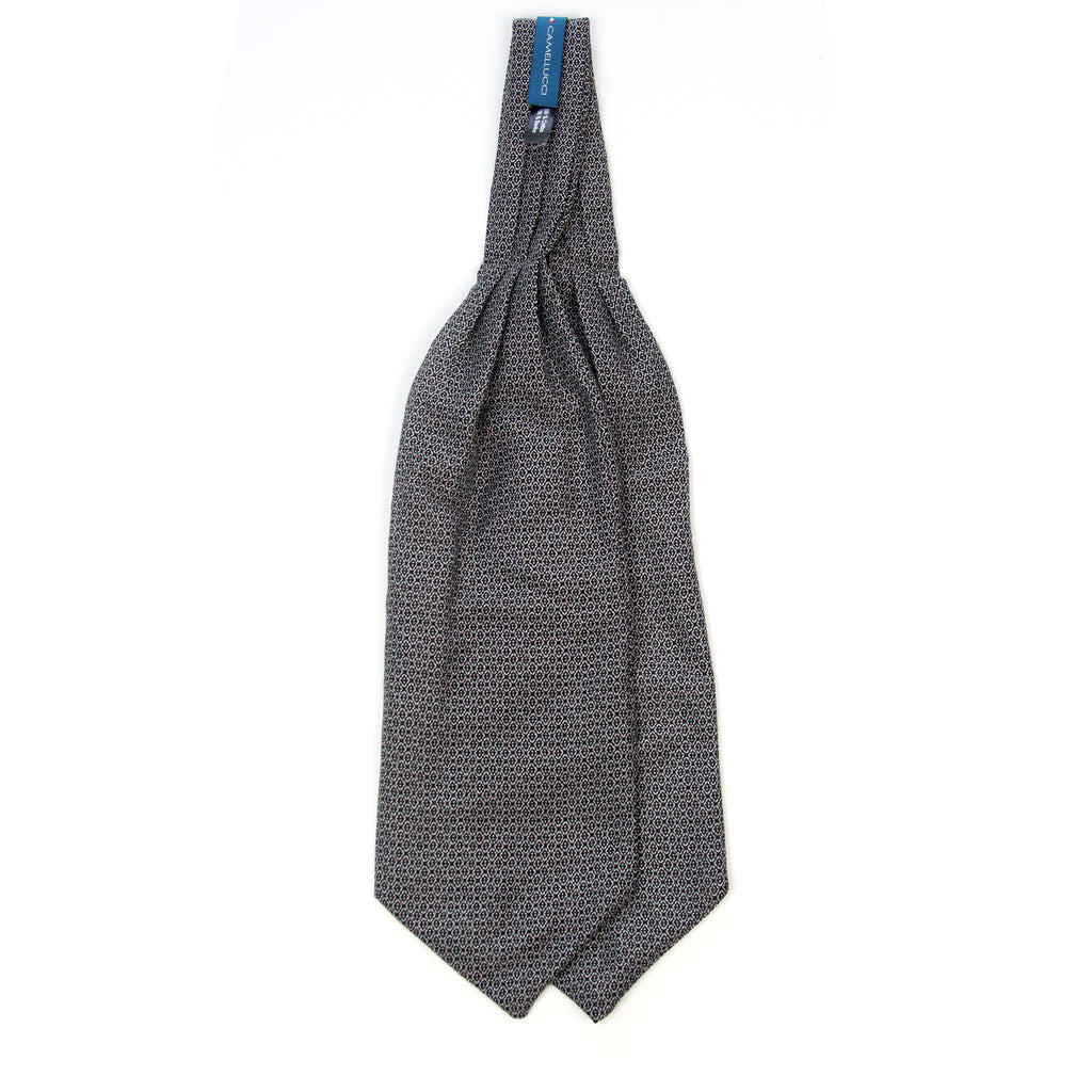 A dark gray patterned necktie with a small-scale geometric print, displayed flat against a solid white background.