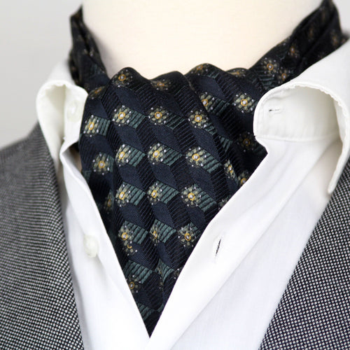 Mannequin wearing a gray suit with a white shirt and Black Mens Ascot.