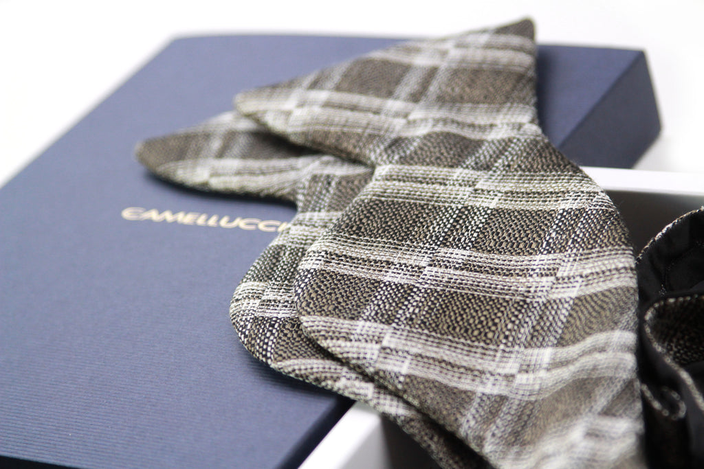 Grey Plaid Men's Large Silk Bow Tie