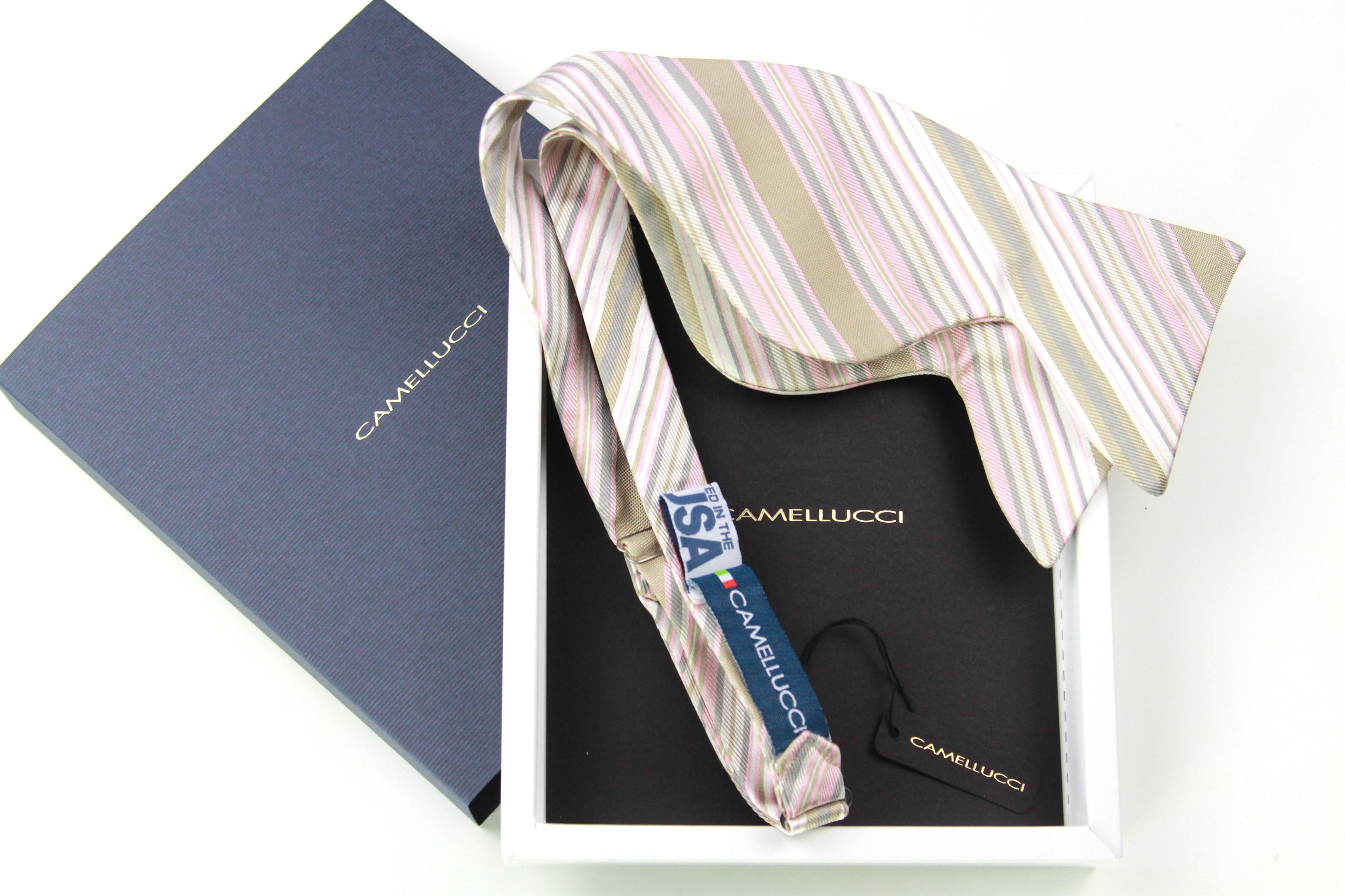 Men's Large Silk Striped Pink Grey Bow Tie