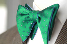 Load image into Gallery viewer, Big Butterfly Reversible Green Geometric ornament Blue Striped Silk Bow Tie
