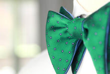 Load image into Gallery viewer, Big Butterfly Reversible Green Geometric ornament Blue Striped Silk Bow Tie

