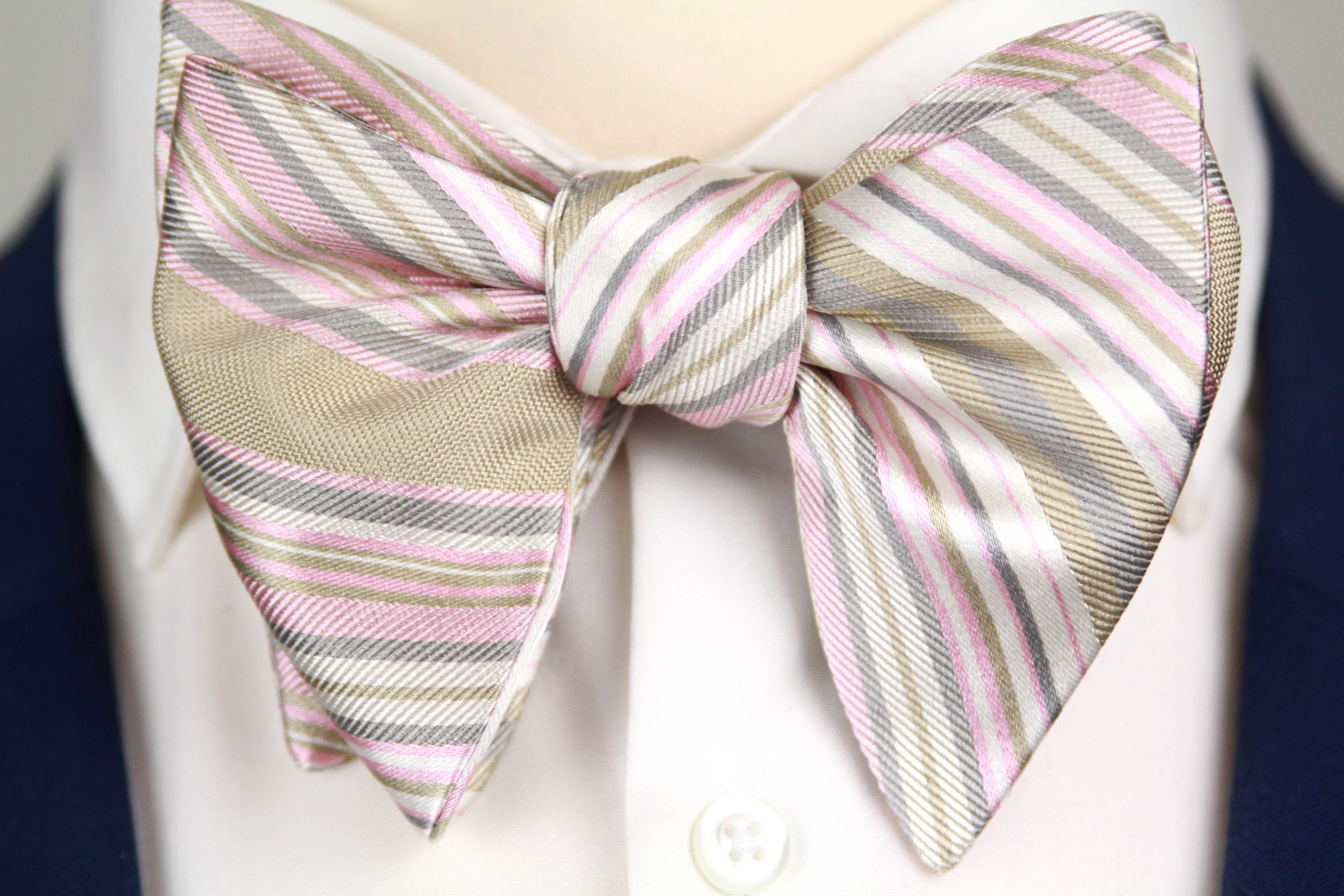 Men's Large Silk Striped Pink Grey Bow Tie