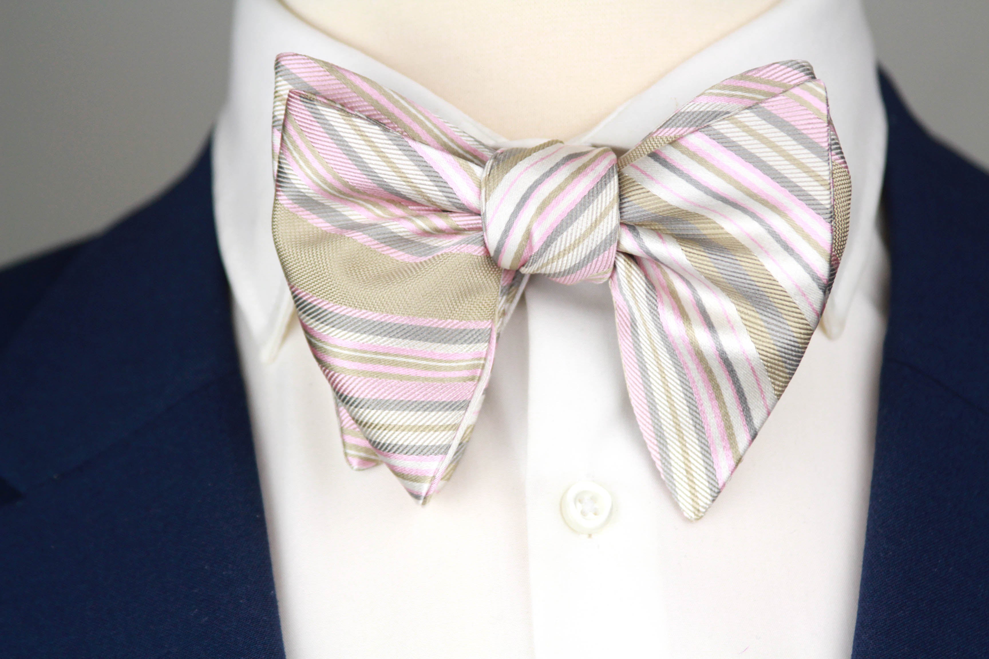 Men's Large Silk Striped Pink Grey Bow Tie