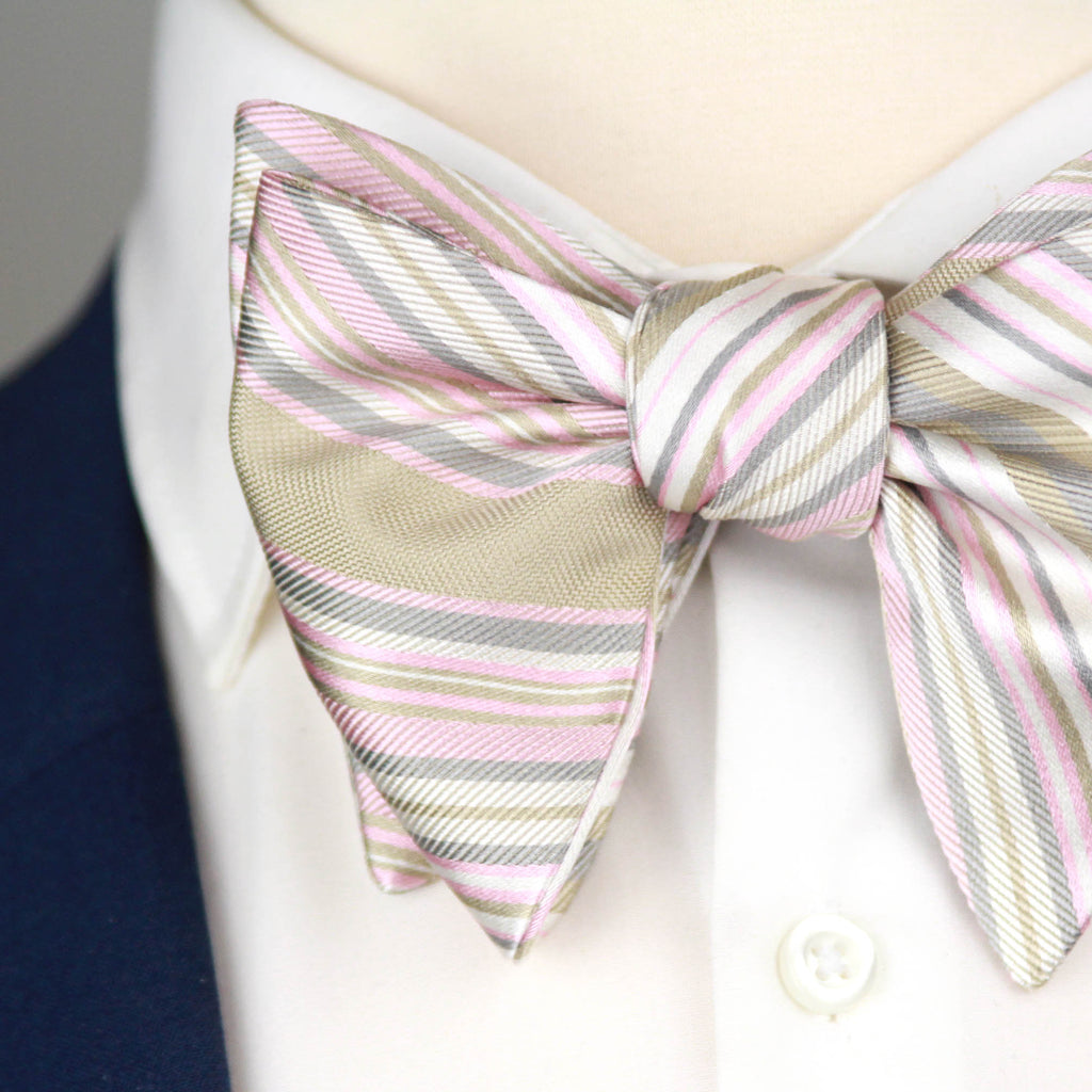 Men's Large Silk Striped Pink Grey Bow Tie