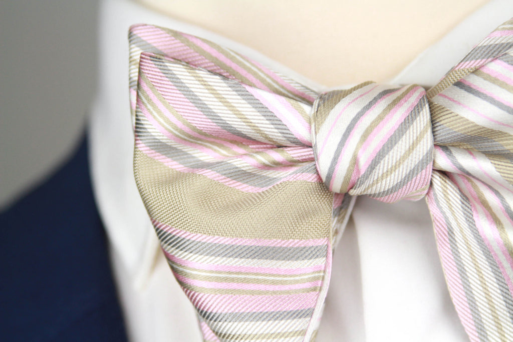 Men's Large Silk Striped Pink Grey Bow Tie