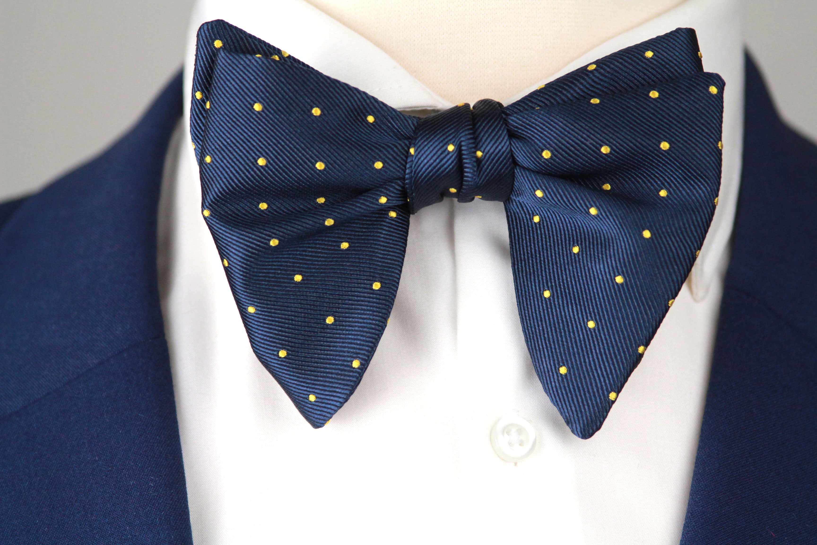 Big Butterfly Navy Yellow  blue Polka Dot Silk Bow Tie