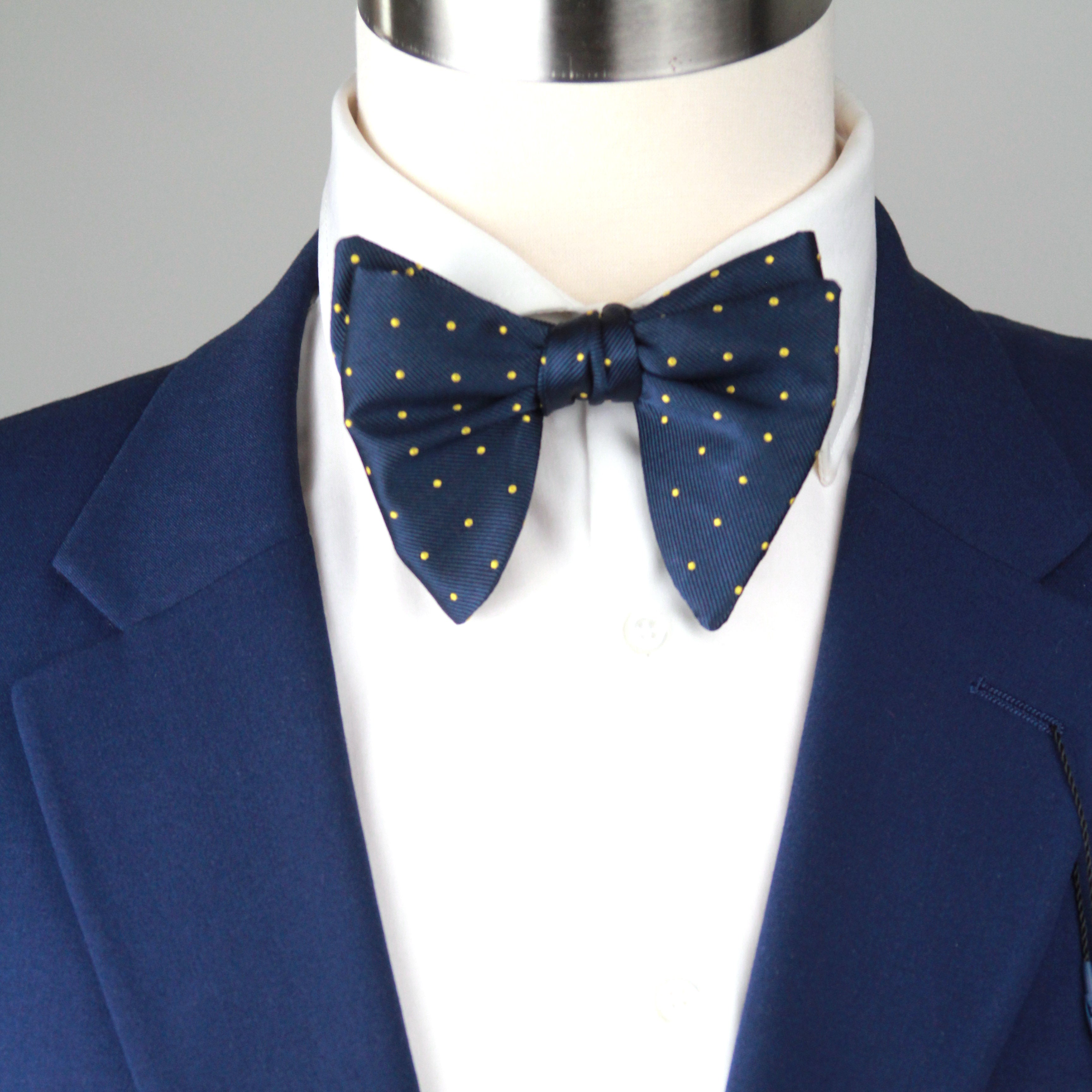 Big Butterfly Navy Yellow  blue Polka Dot Silk Bow Tie