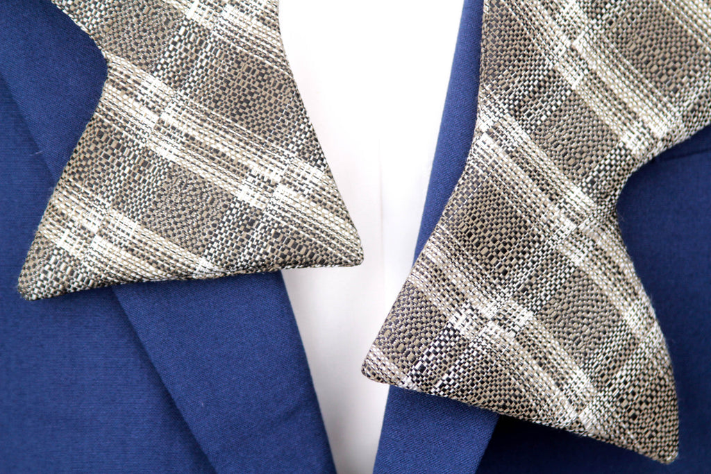 Grey Plaid Men's Large Silk Bow Tie