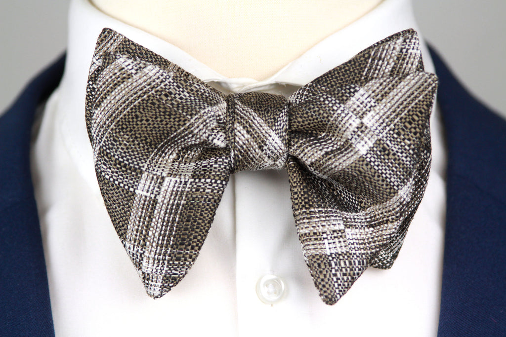 Grey Plaid Men's Large Silk Bow Tie