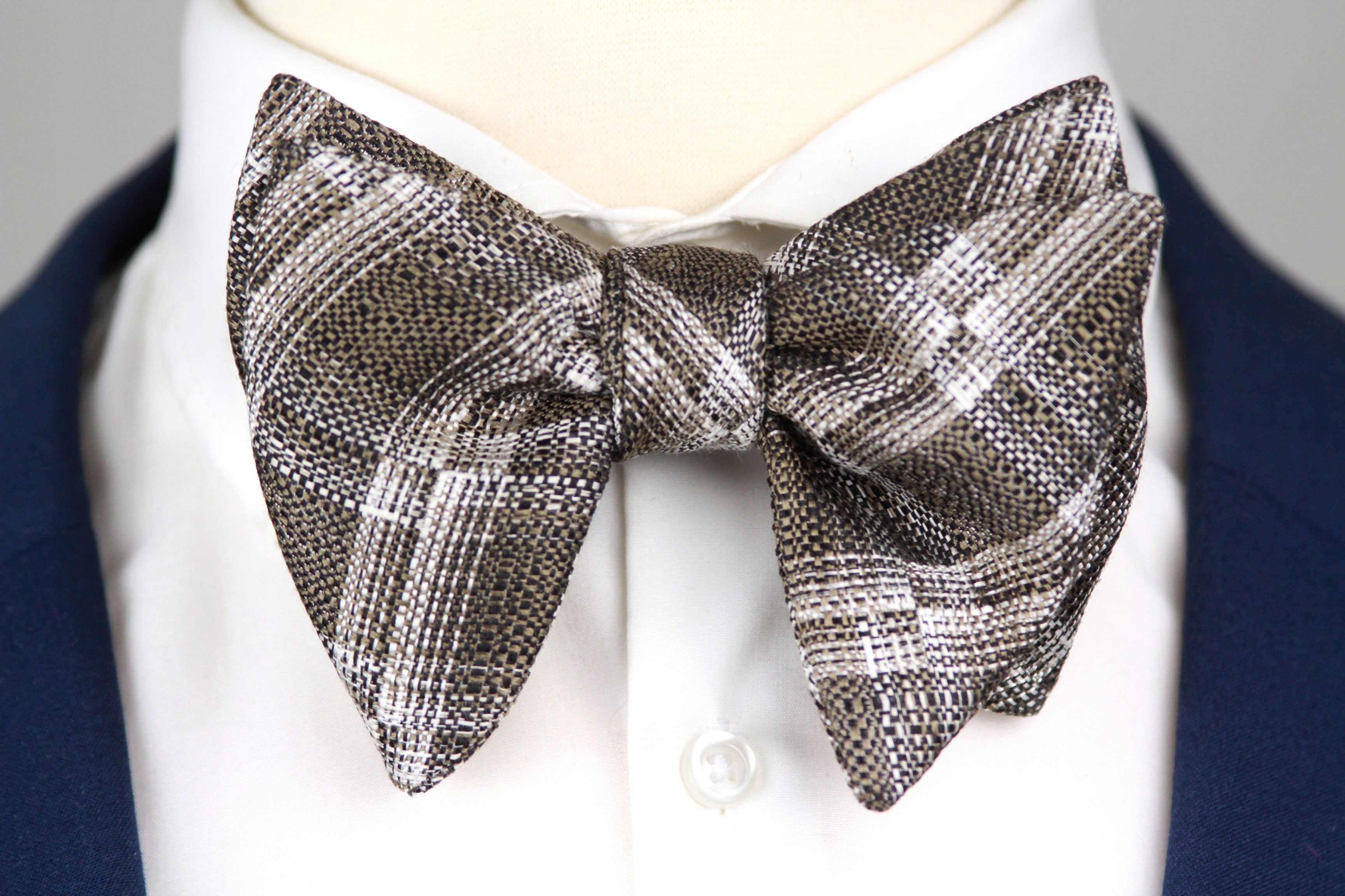 Grey Plaid Men's Large Silk Bow Tie