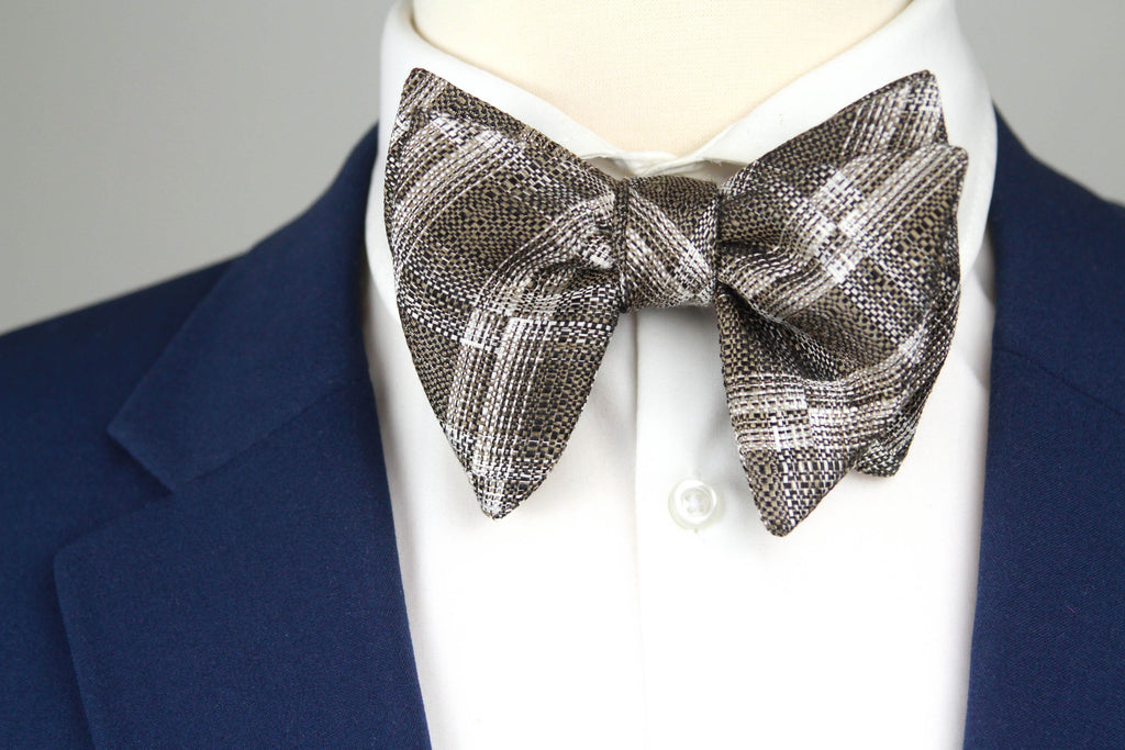Grey Plaid Men's Large Silk Bow Tie