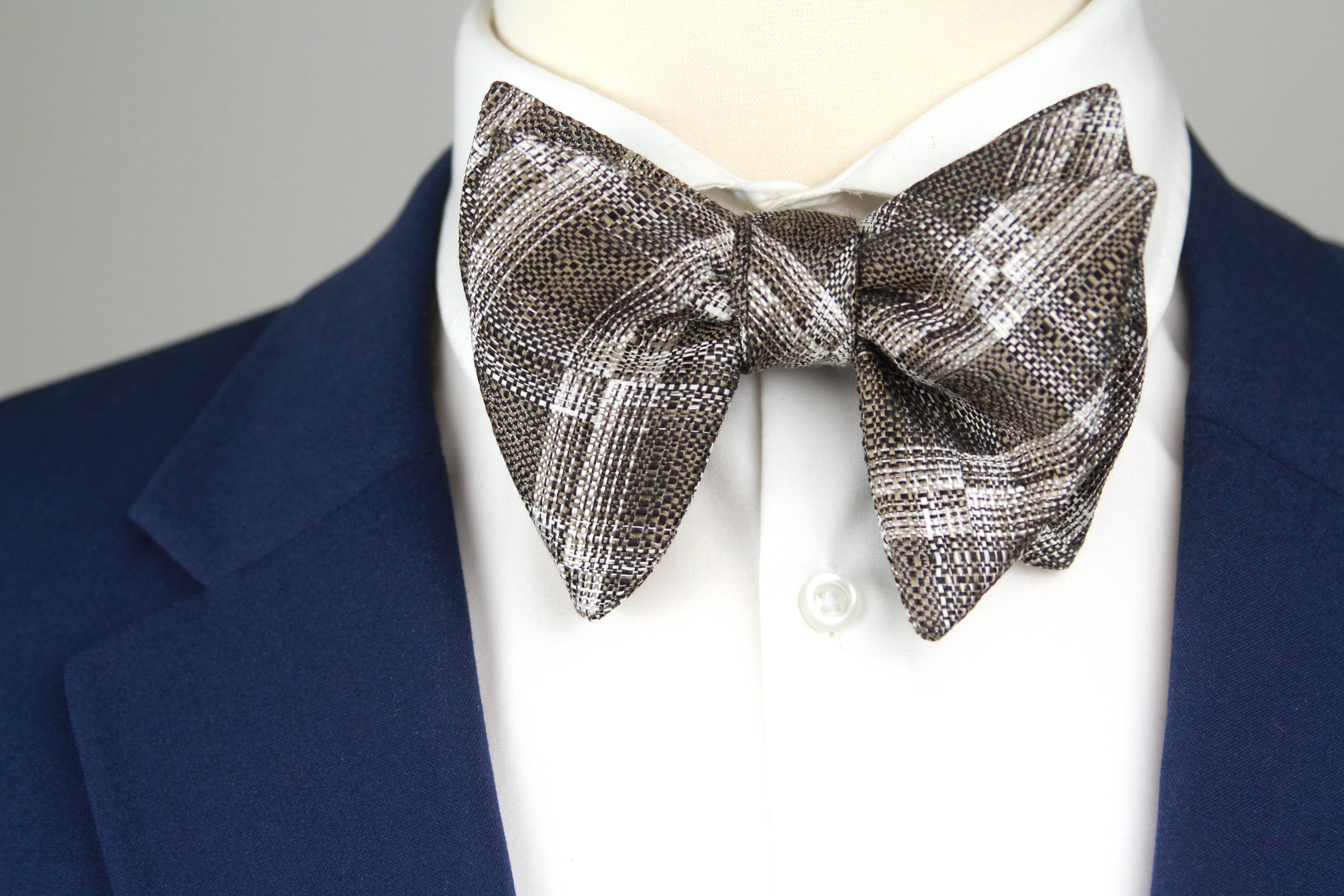 Grey Plaid Men's Large Silk Bow Tie