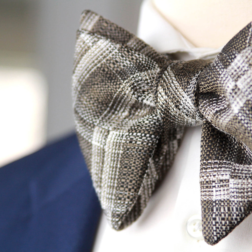 Grey Plaid Men's Large Silk Bow Tie