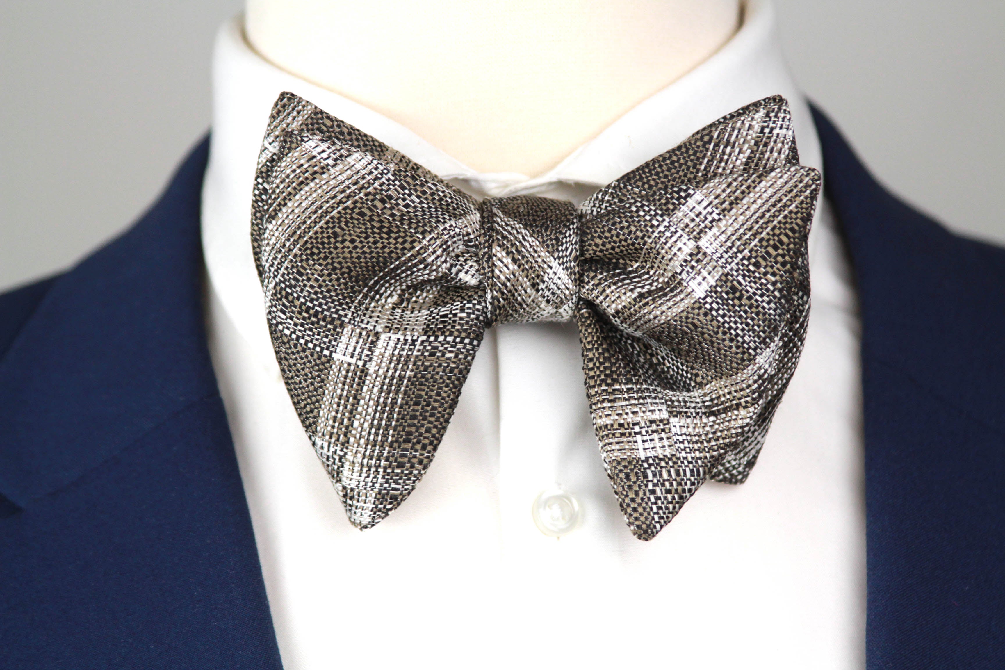 Grey Plaid Men's Large Silk Bow Tie