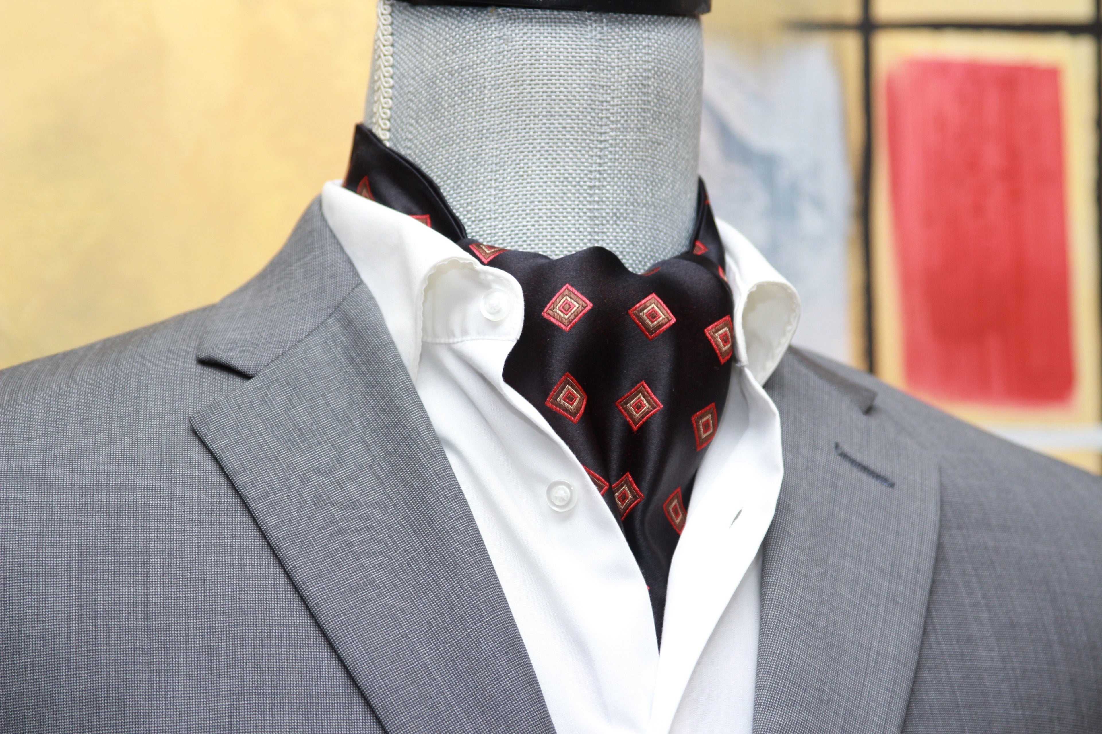 Black Red Ornament Silk Ascot
