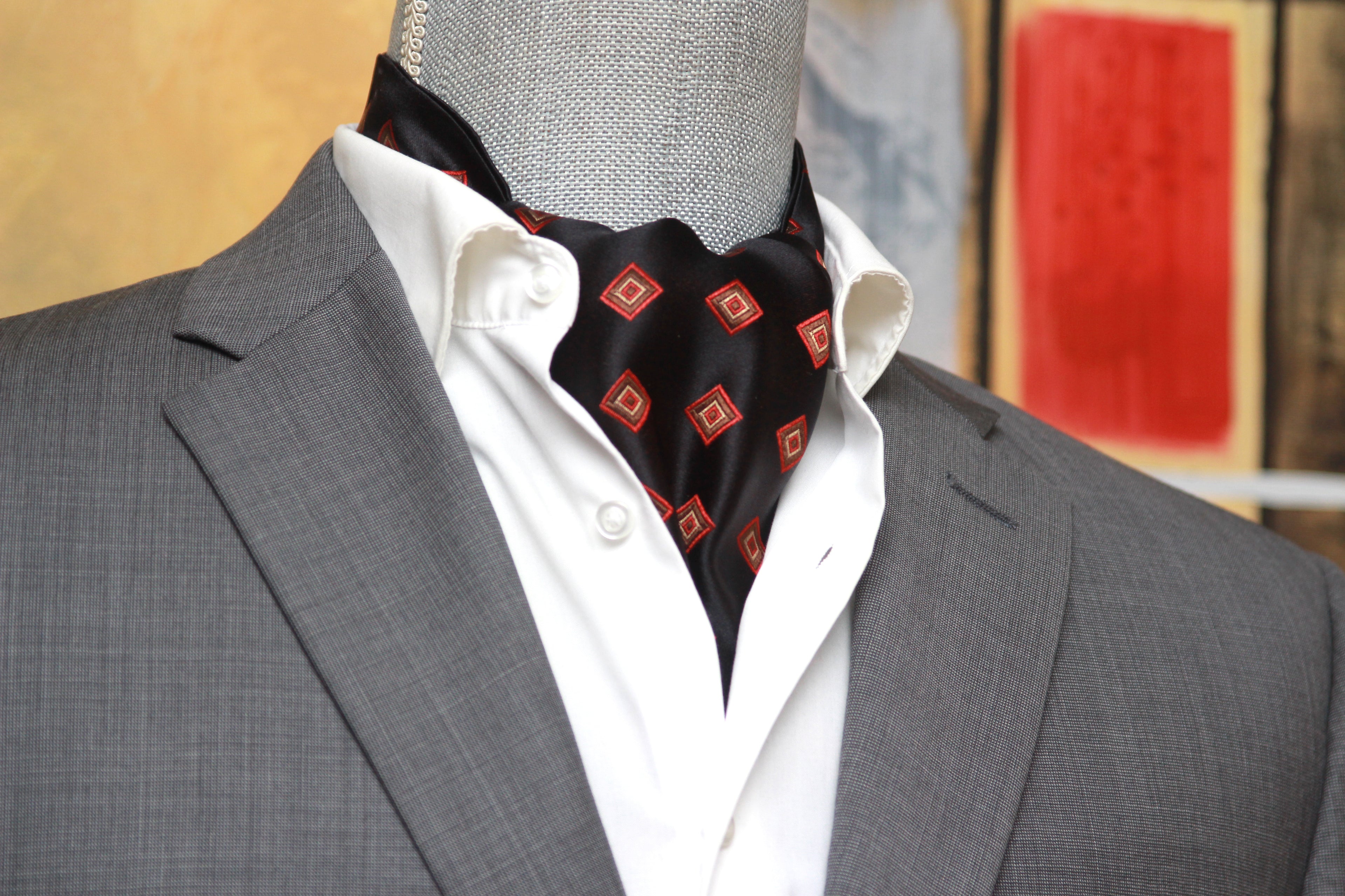 Black Red Ornament Silk Ascot