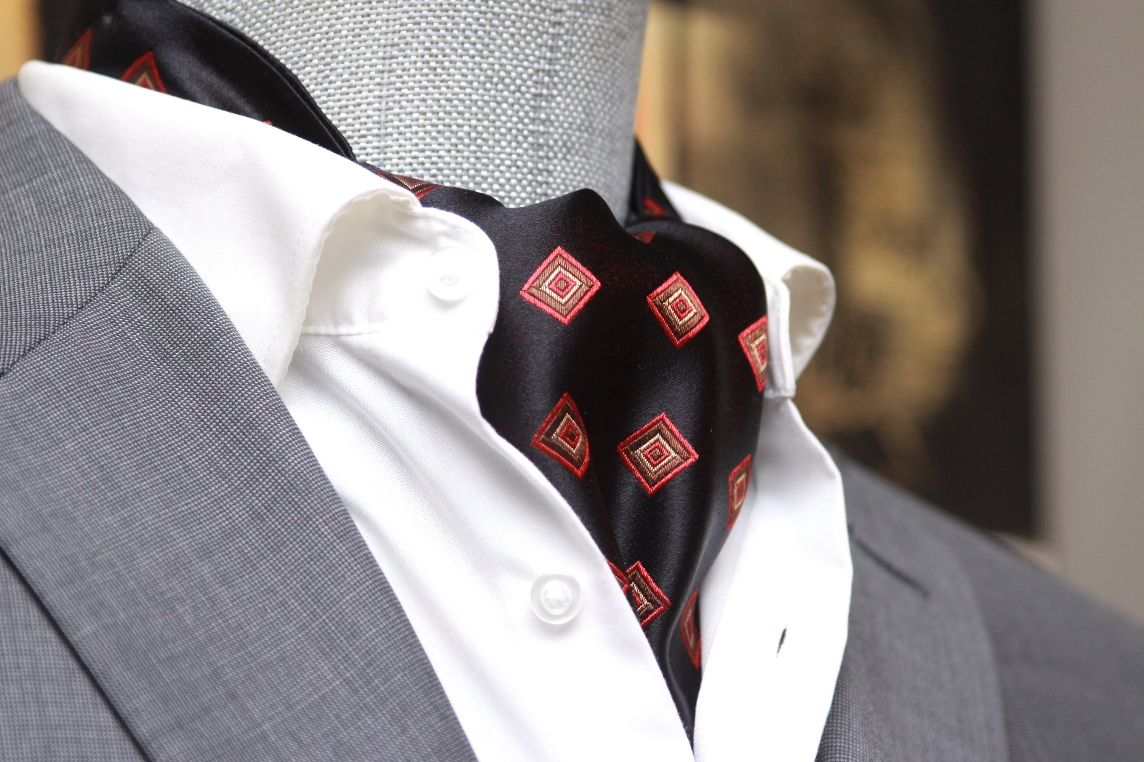Black Red Ornament Silk Ascot