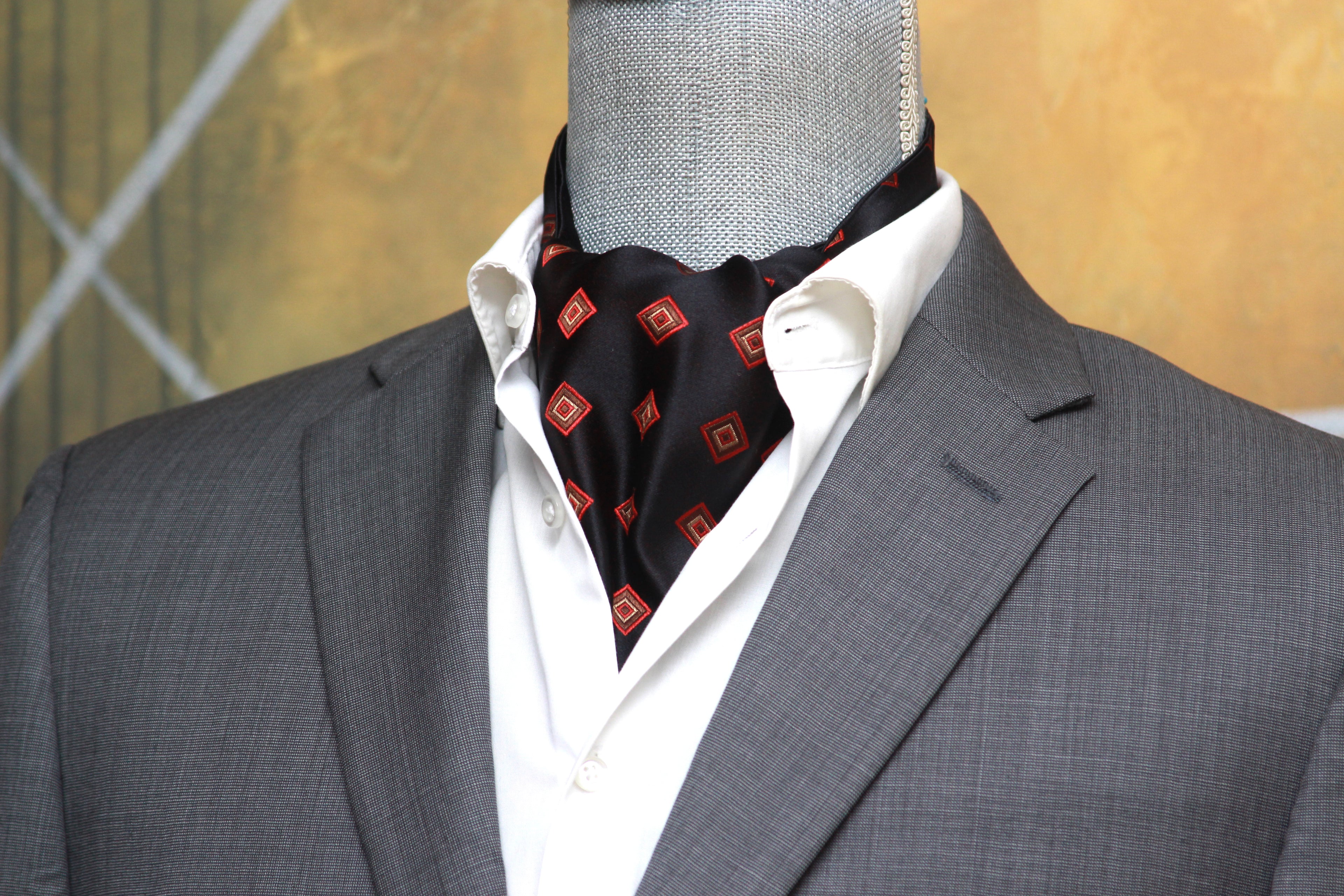 Black Red Ornament Silk Ascot