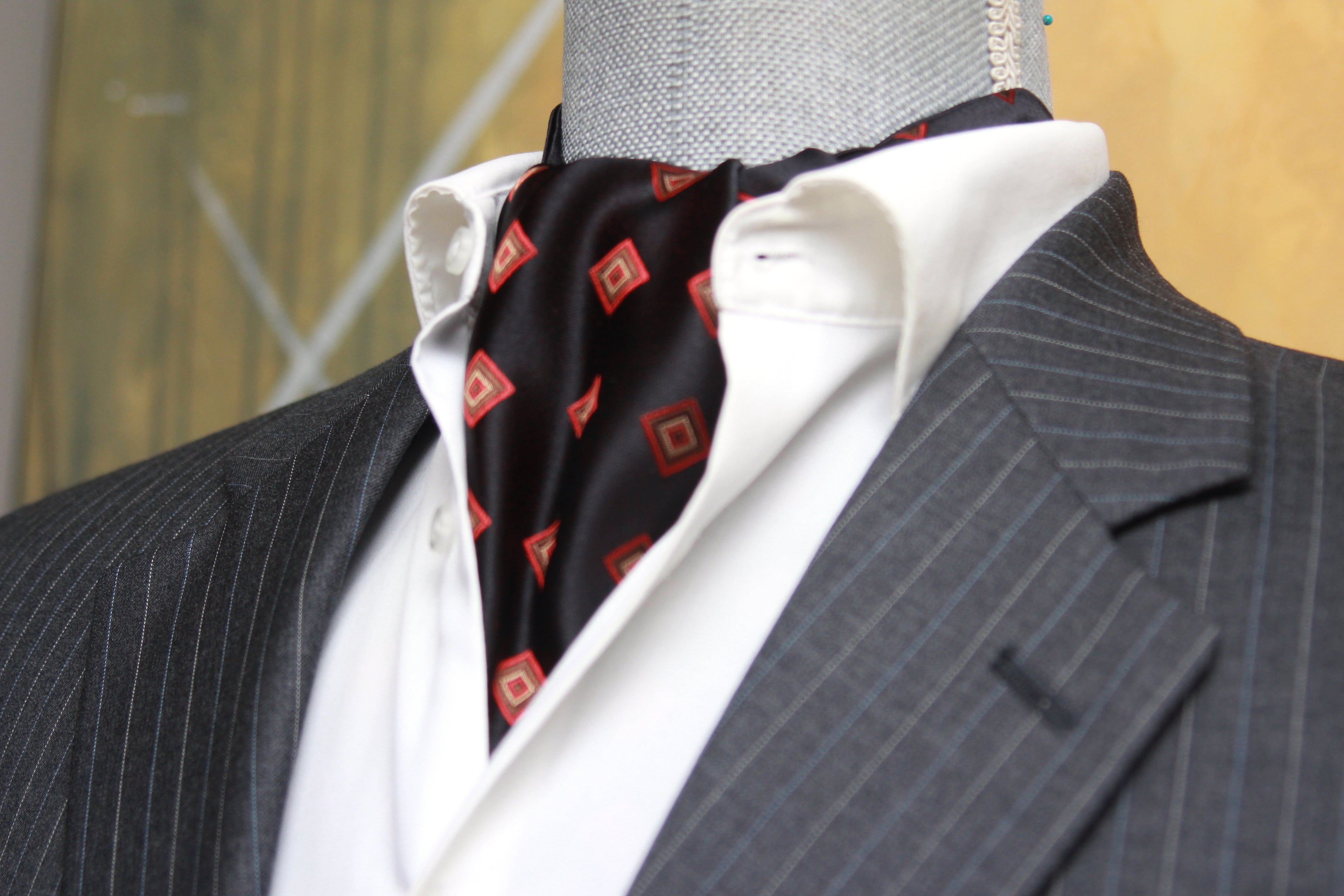 Black Red Ornament Silk Ascot
