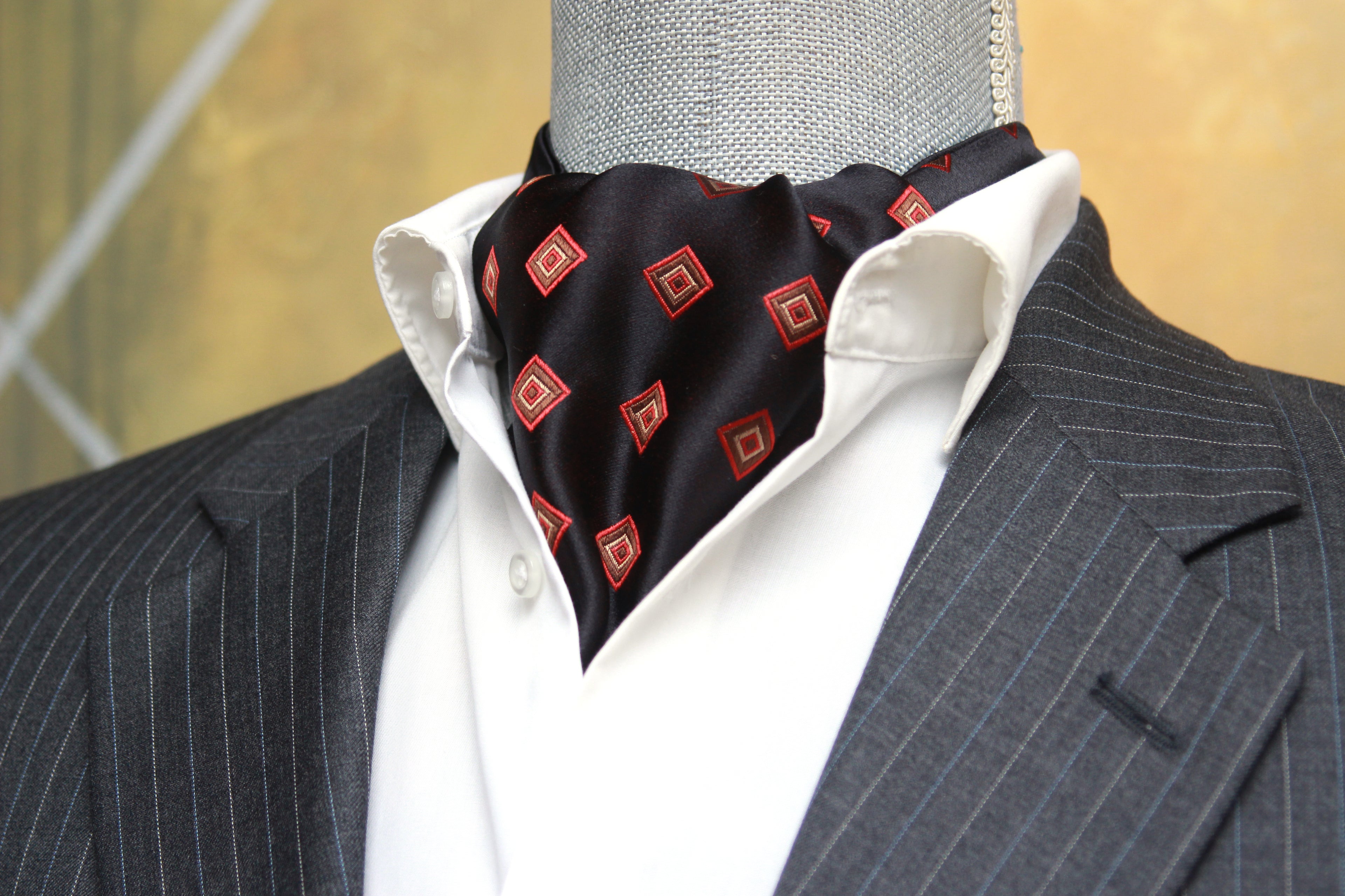Black Red Ornament Silk Ascot
