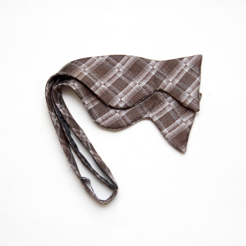 Grey Plaid Men's Large Silk Bow Tie