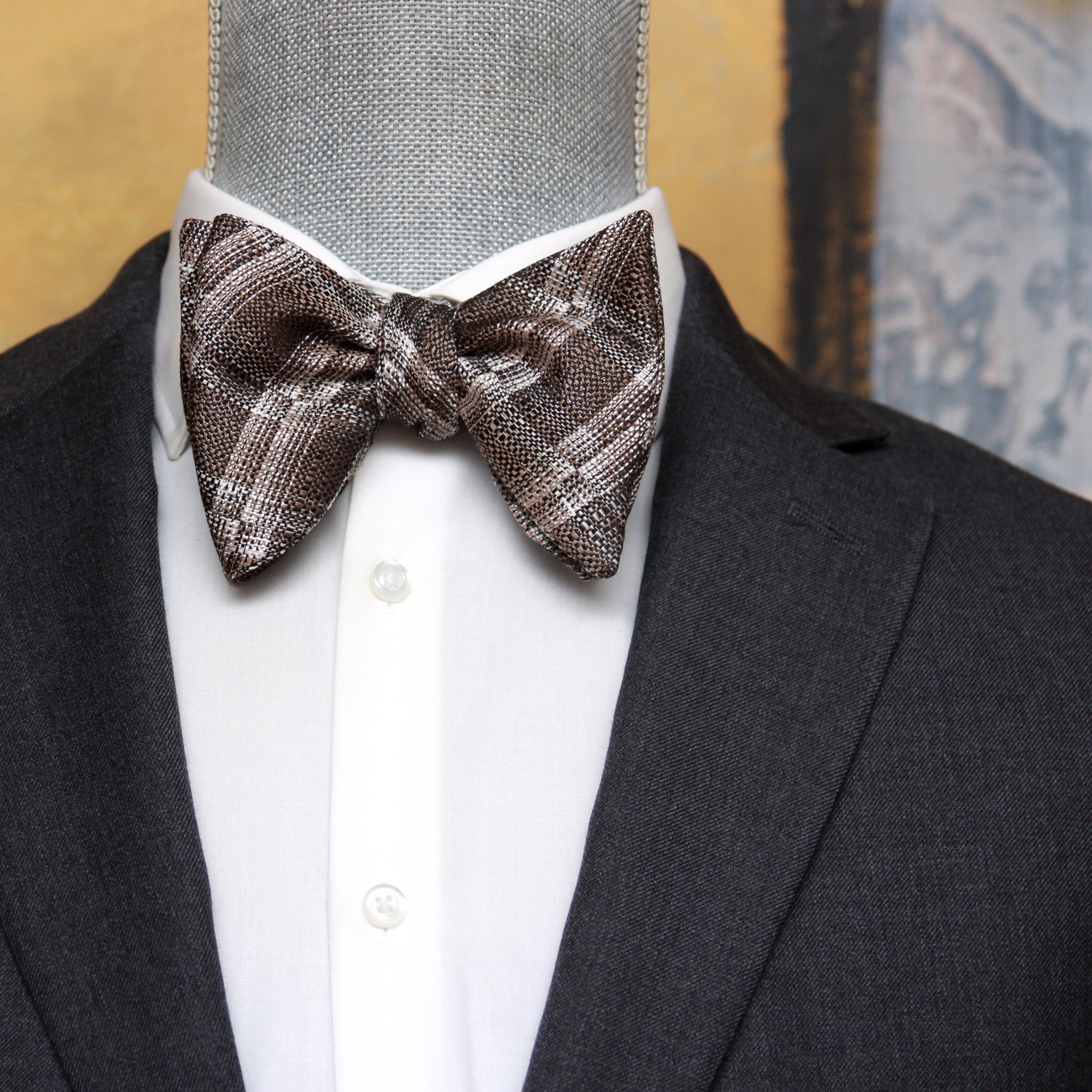 Grey Plaid Men's Large Silk Bow Tie
