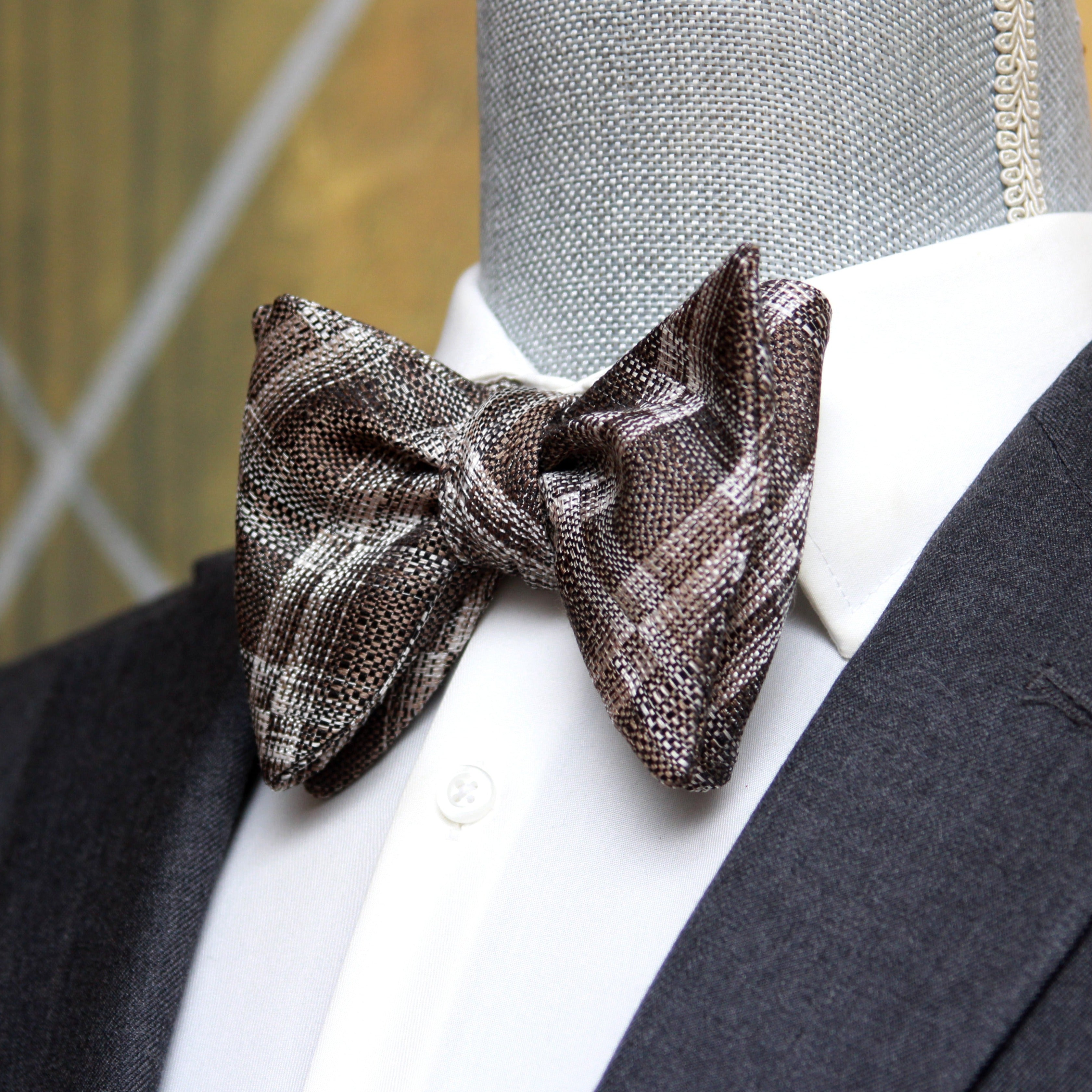 Grey Plaid Men's Large Silk Bow Tie