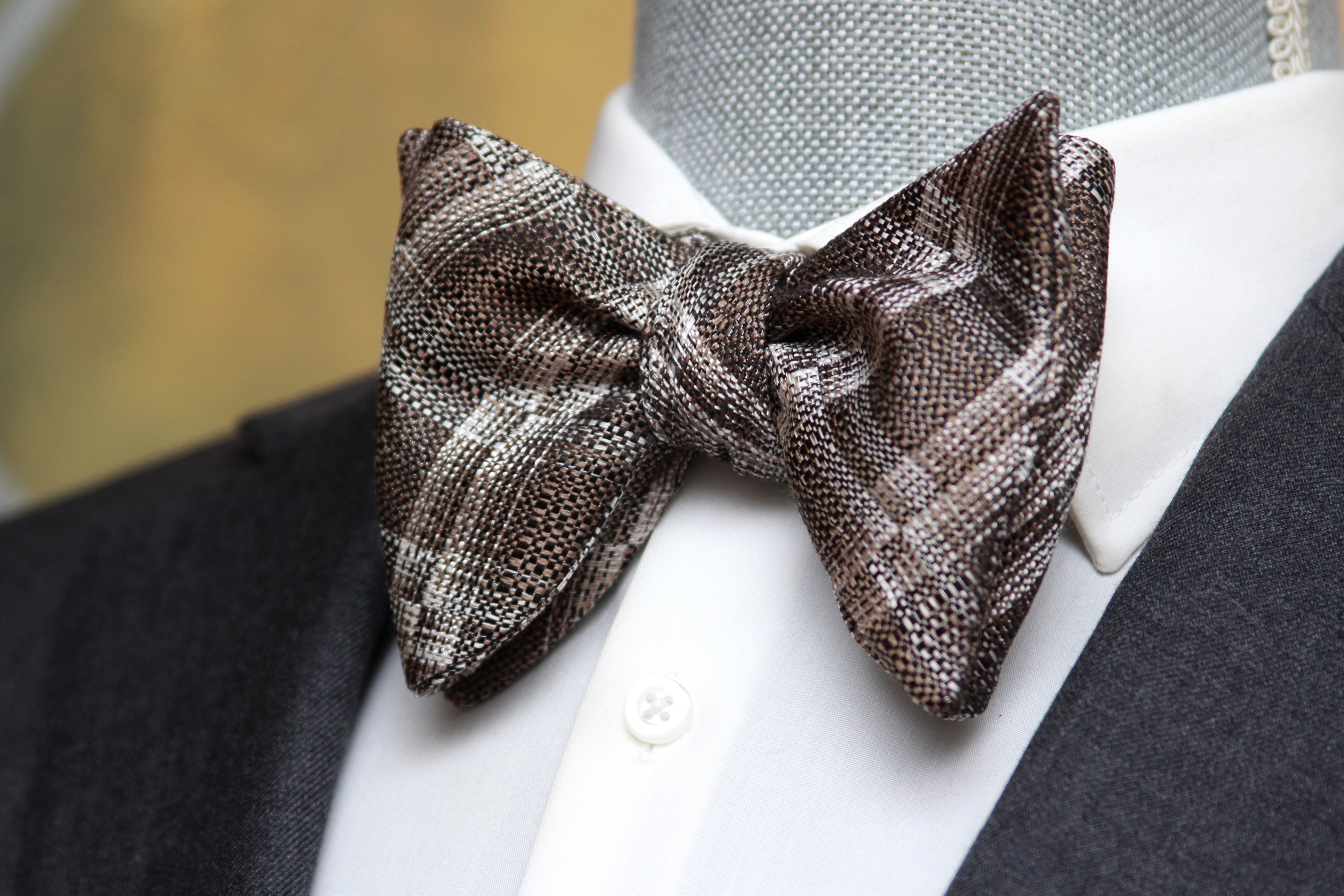 Grey Plaid Men's Large Silk Bow Tie