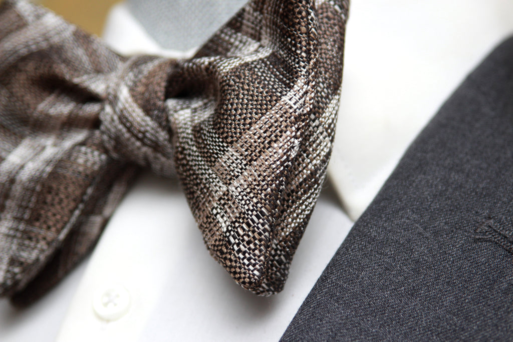 Grey Plaid Men's Large Silk Bow Tie