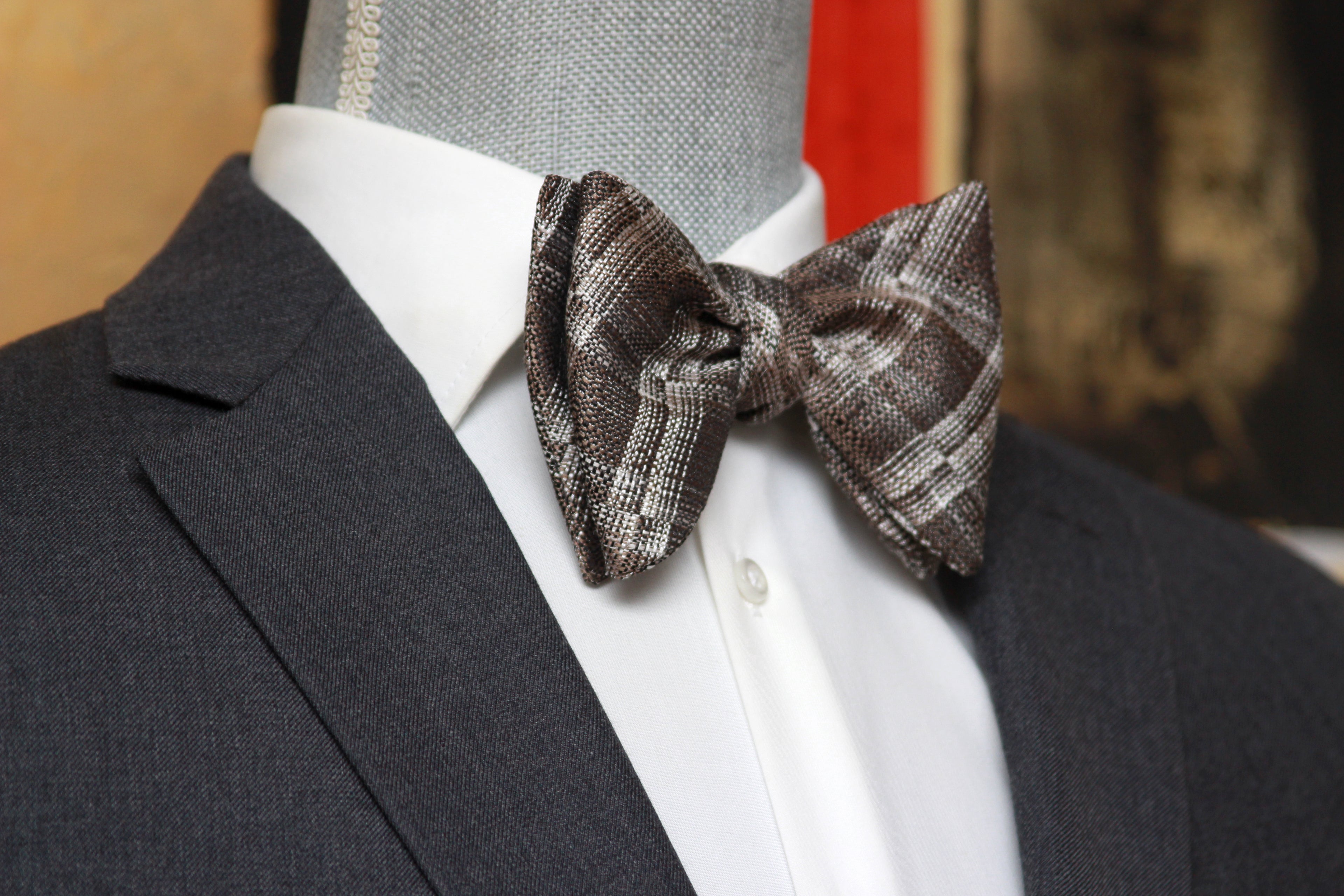 Grey Plaid Men's Large Silk Bow Tie