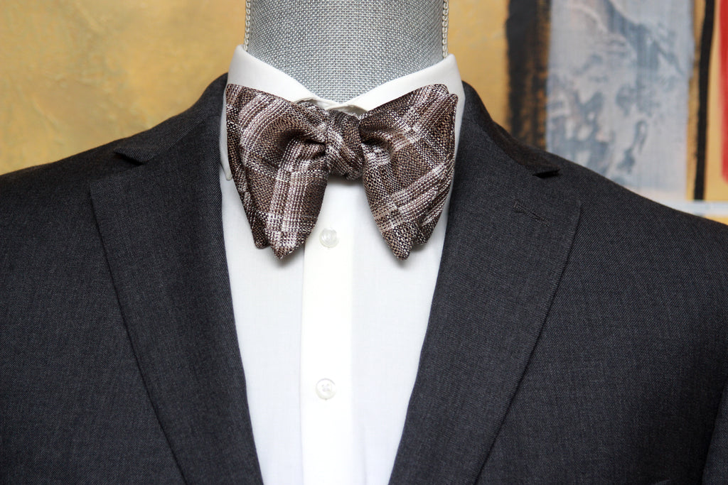 Grey Plaid Men's Large Silk Bow Tie