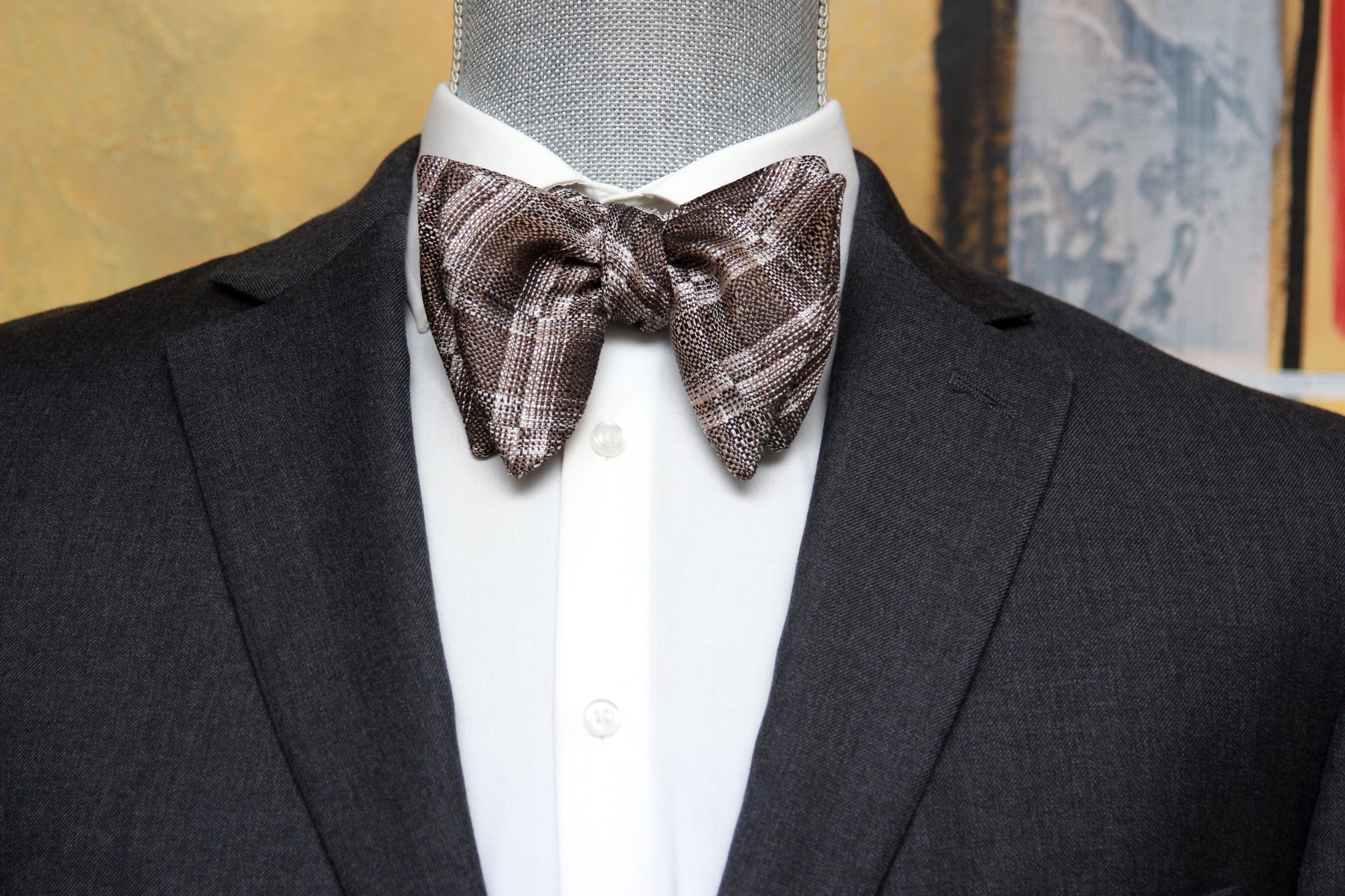 Grey Plaid Men's Large Silk Bow Tie