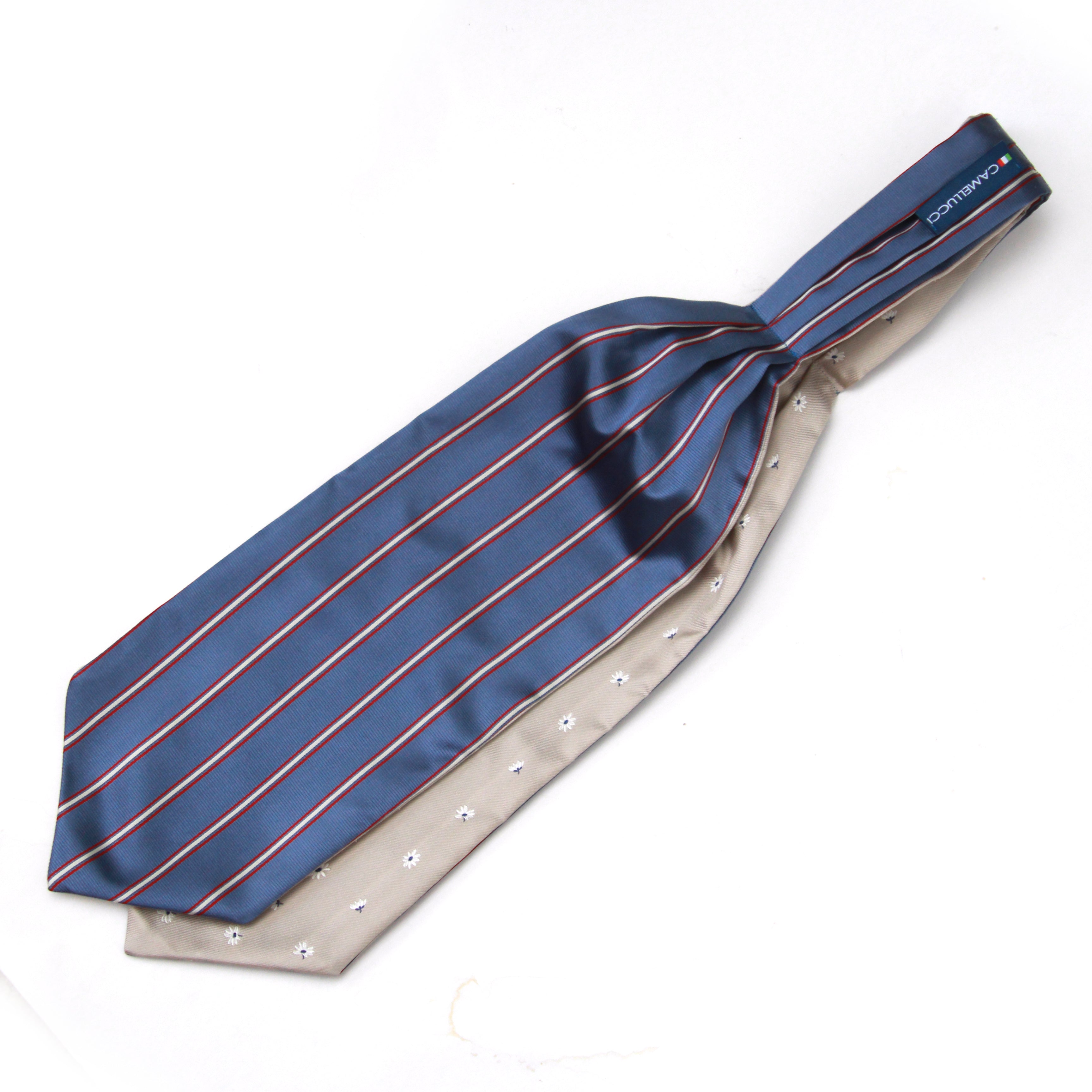 Navy Stripe Beige Floral Reversible Silk Ascot