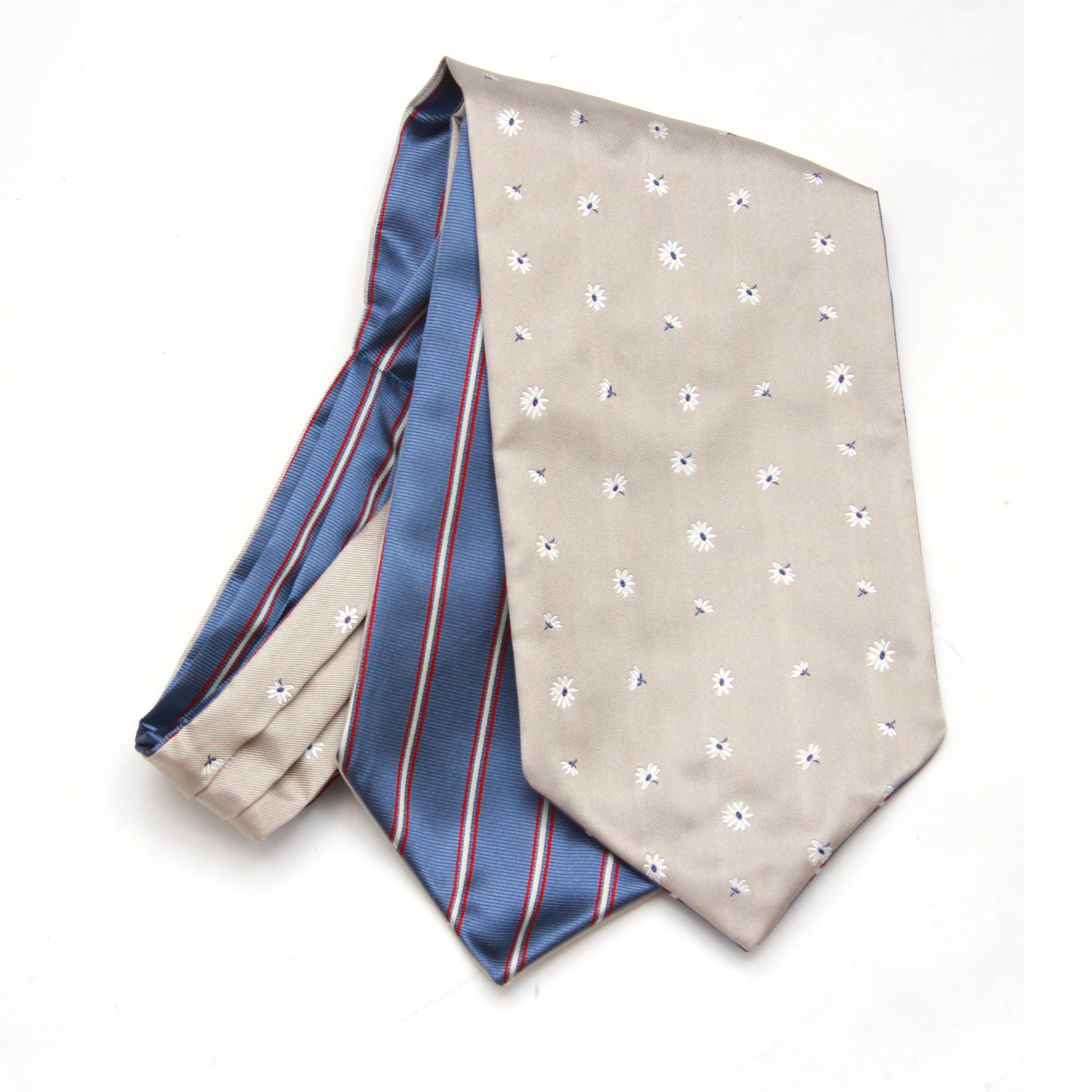 Navy Stripe Beige Floral Reversible Silk Ascot