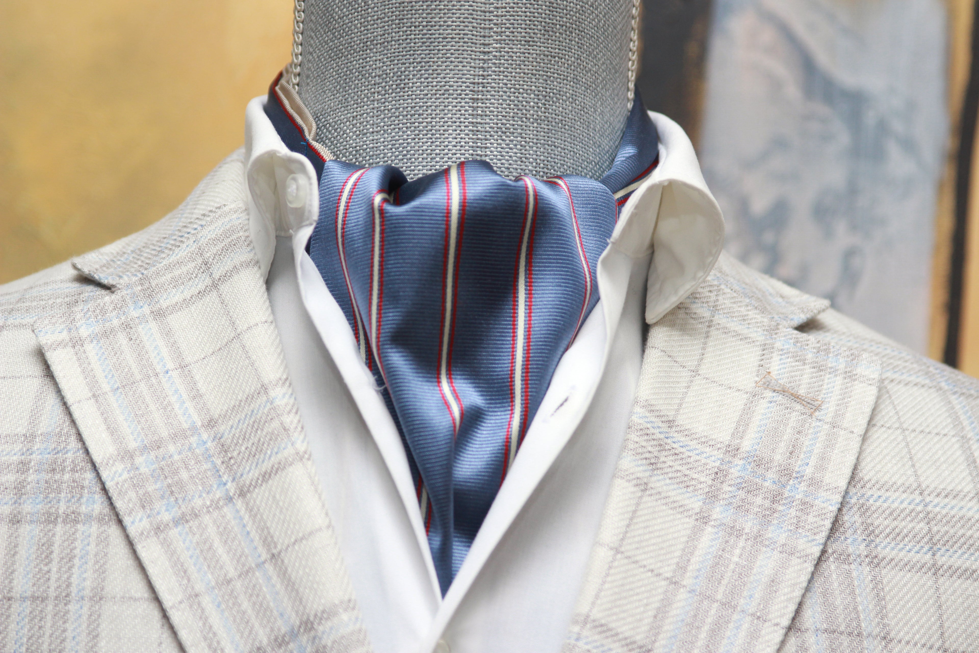 Navy Stripe Beige Floral Reversible Silk Ascot
