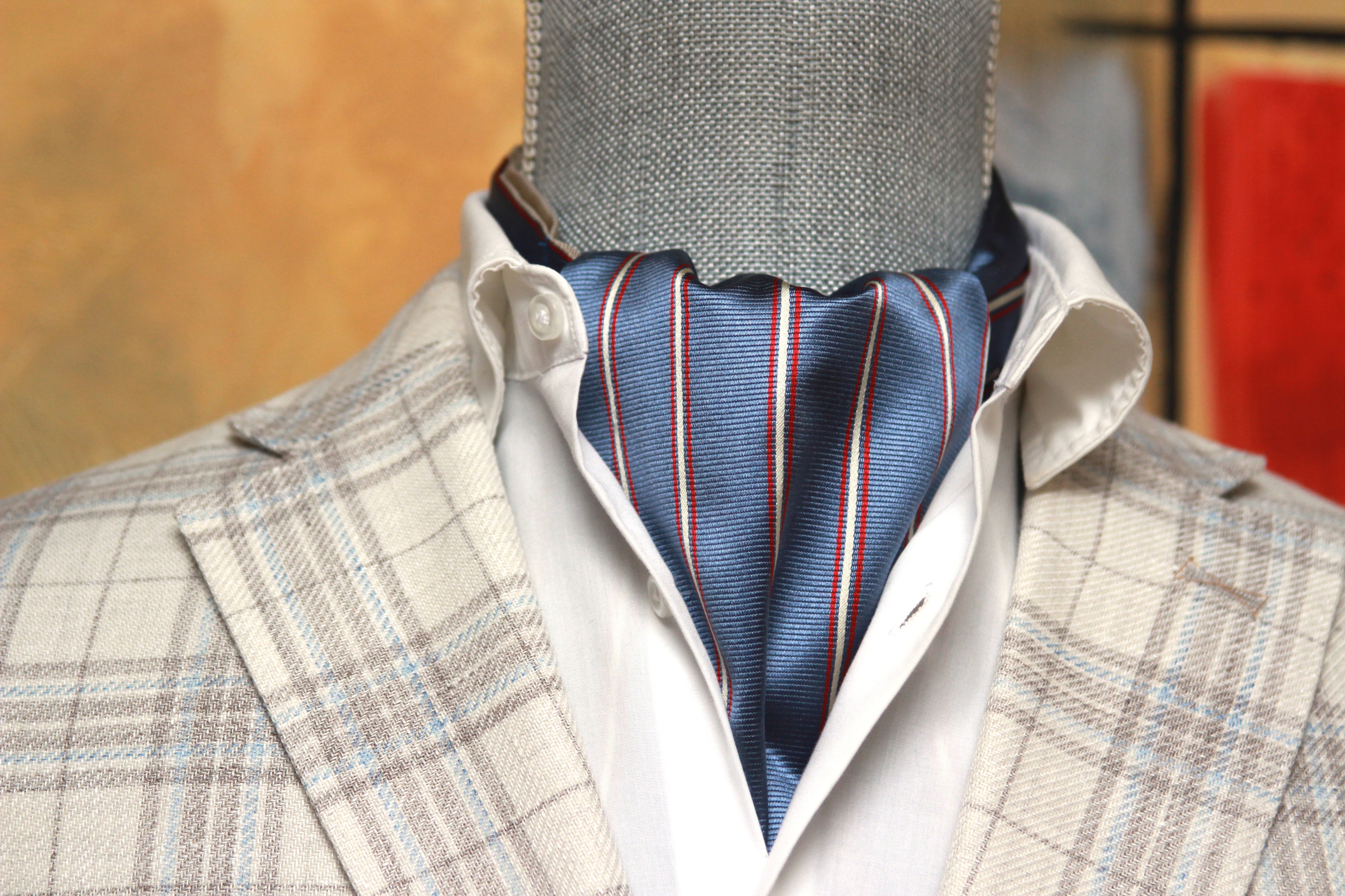 Navy Stripe Beige Floral Reversible Silk Ascot