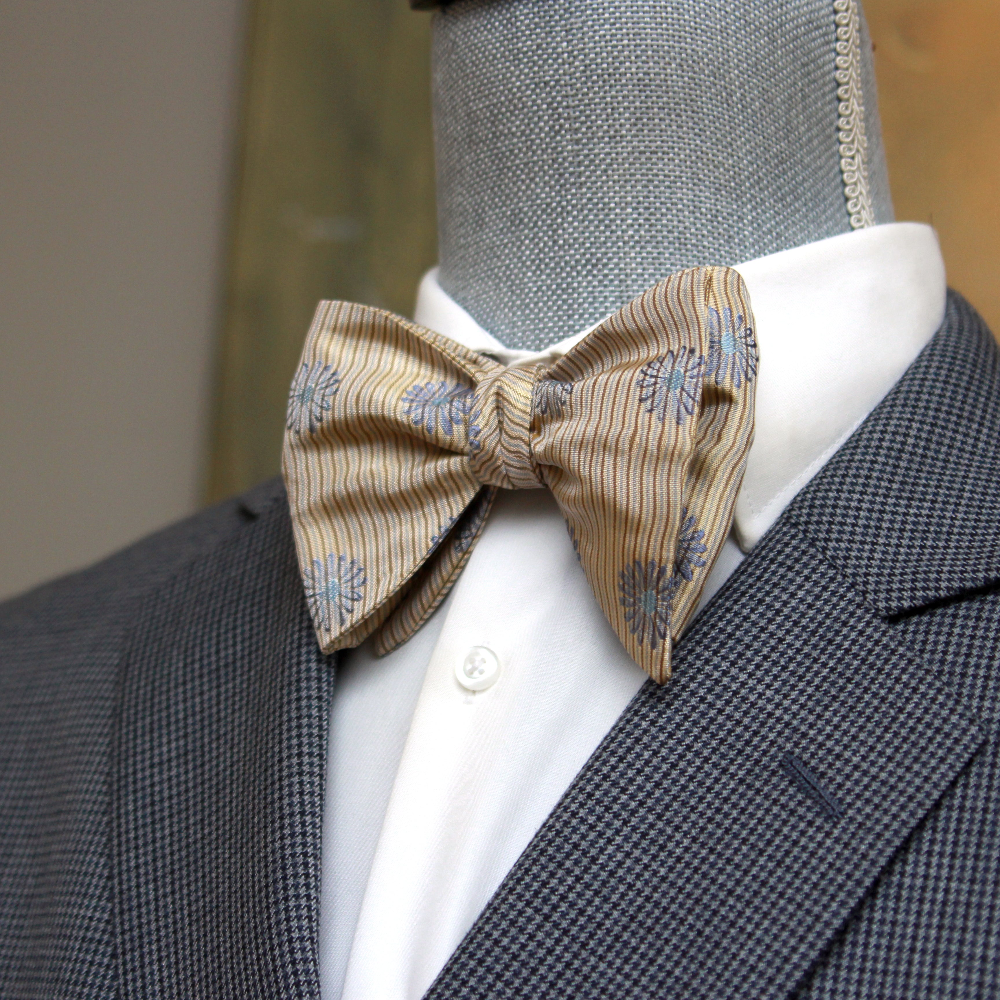 Floral Tan Striped Big Butterfly Bow Tie