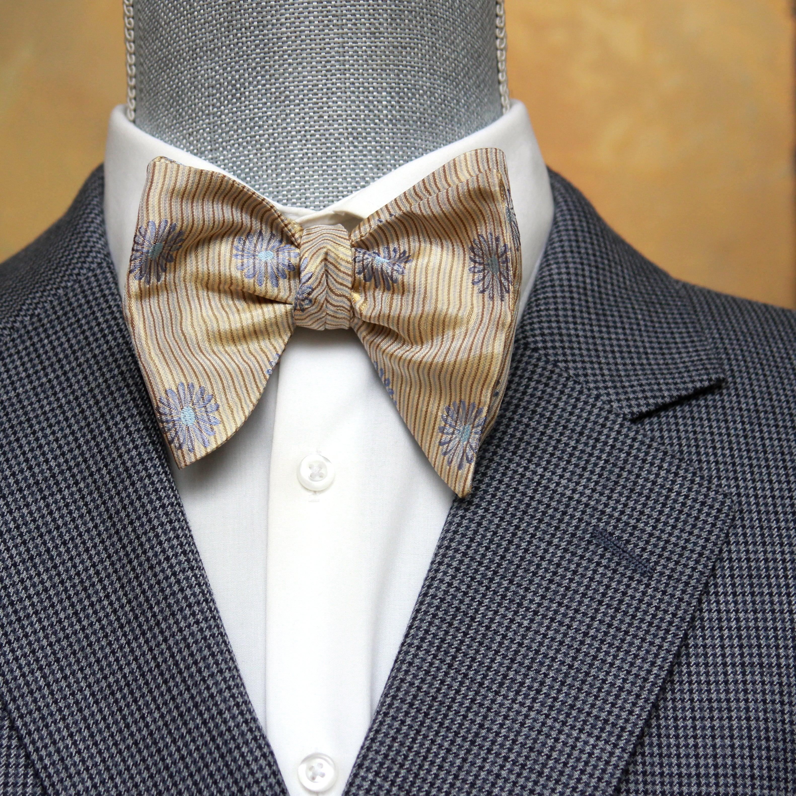 Floral Tan Striped Big Butterfly Bow Tie