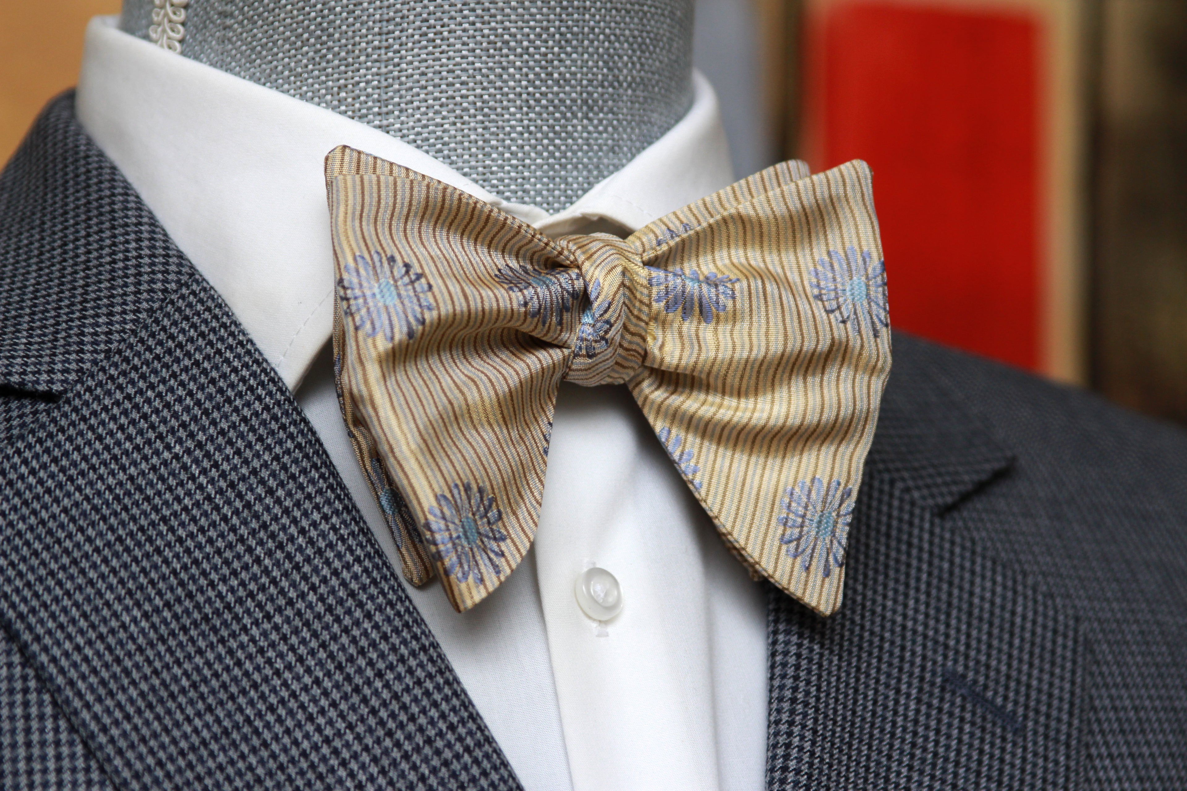 Floral Tan Striped Big Butterfly Bow Tie