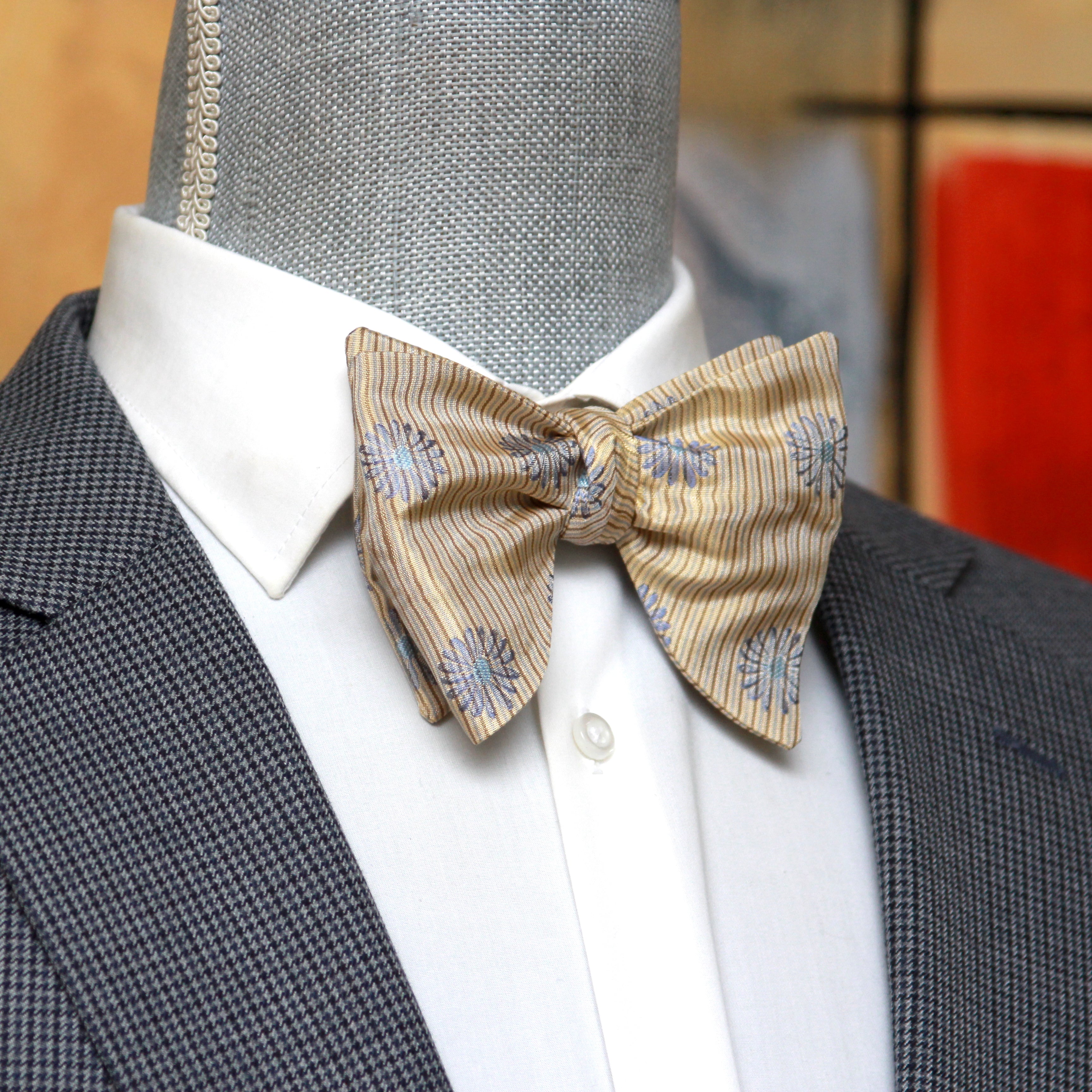 Floral Tan Striped Big Butterfly Bow Tie