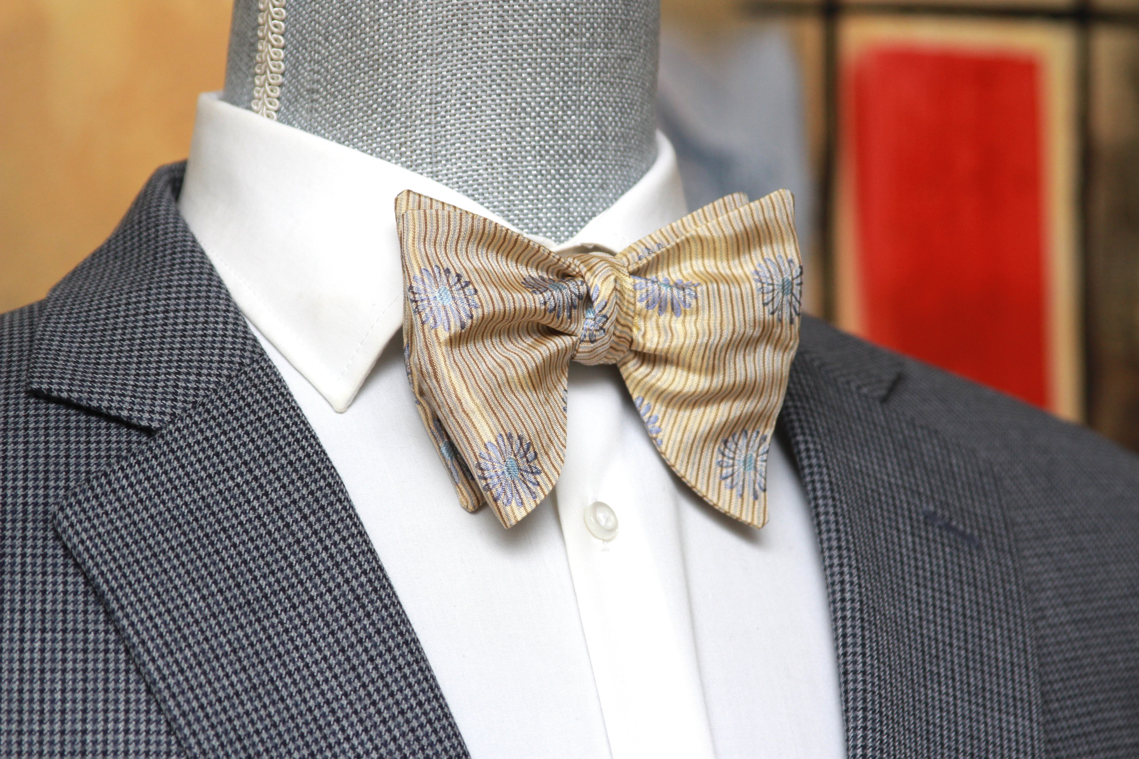 Floral Tan Striped Big Butterfly Bow Tie