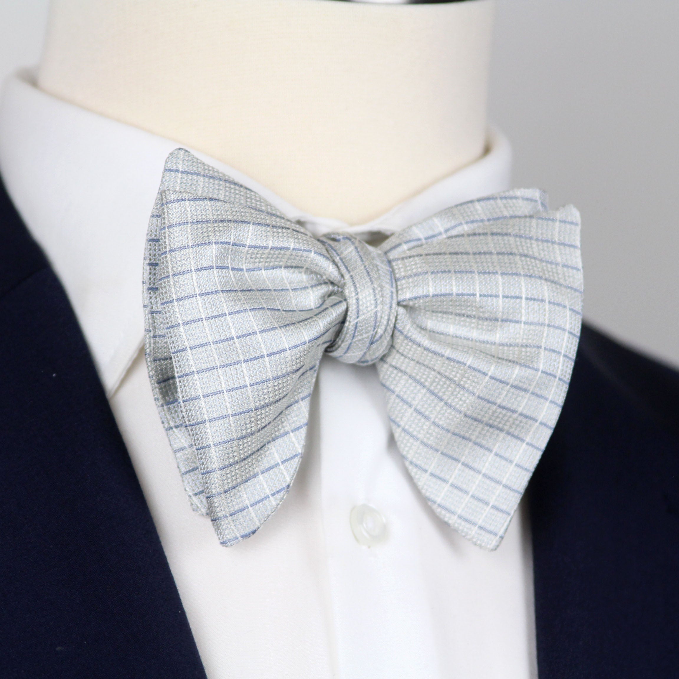 Blue Micro Plaid Silk Big Butterfly Bow tie