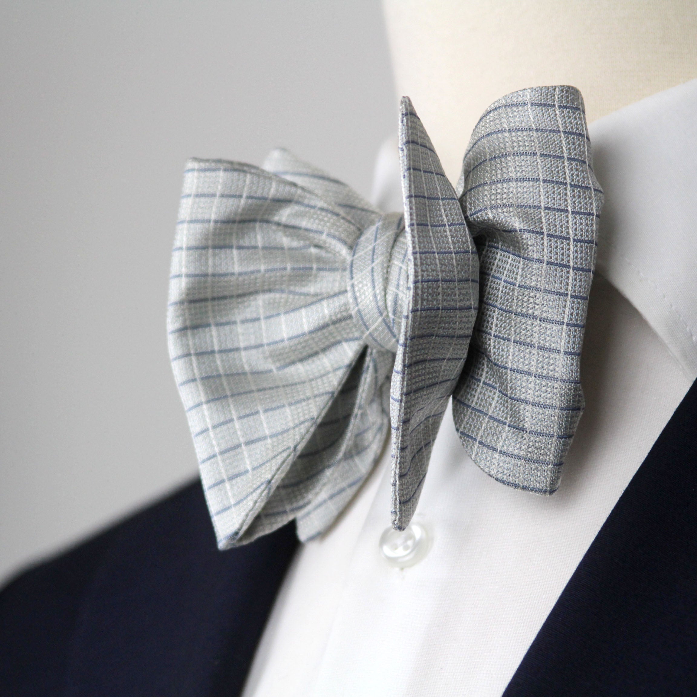 Blue Micro Plaid Silk Big Butterfly Bow tie